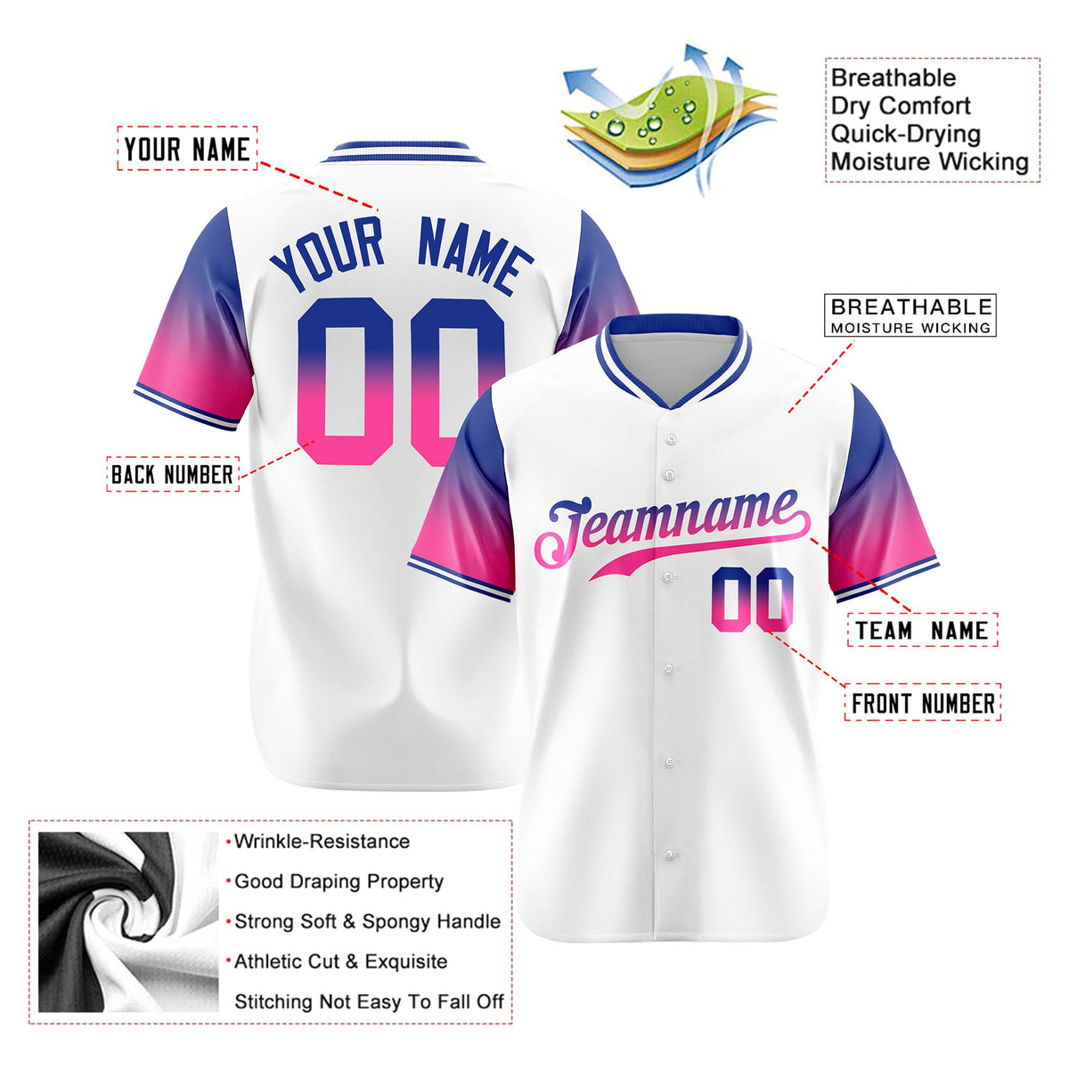 Custom White Royal Blue-Pink Gradient Fashion Authentic Baseball Jersey