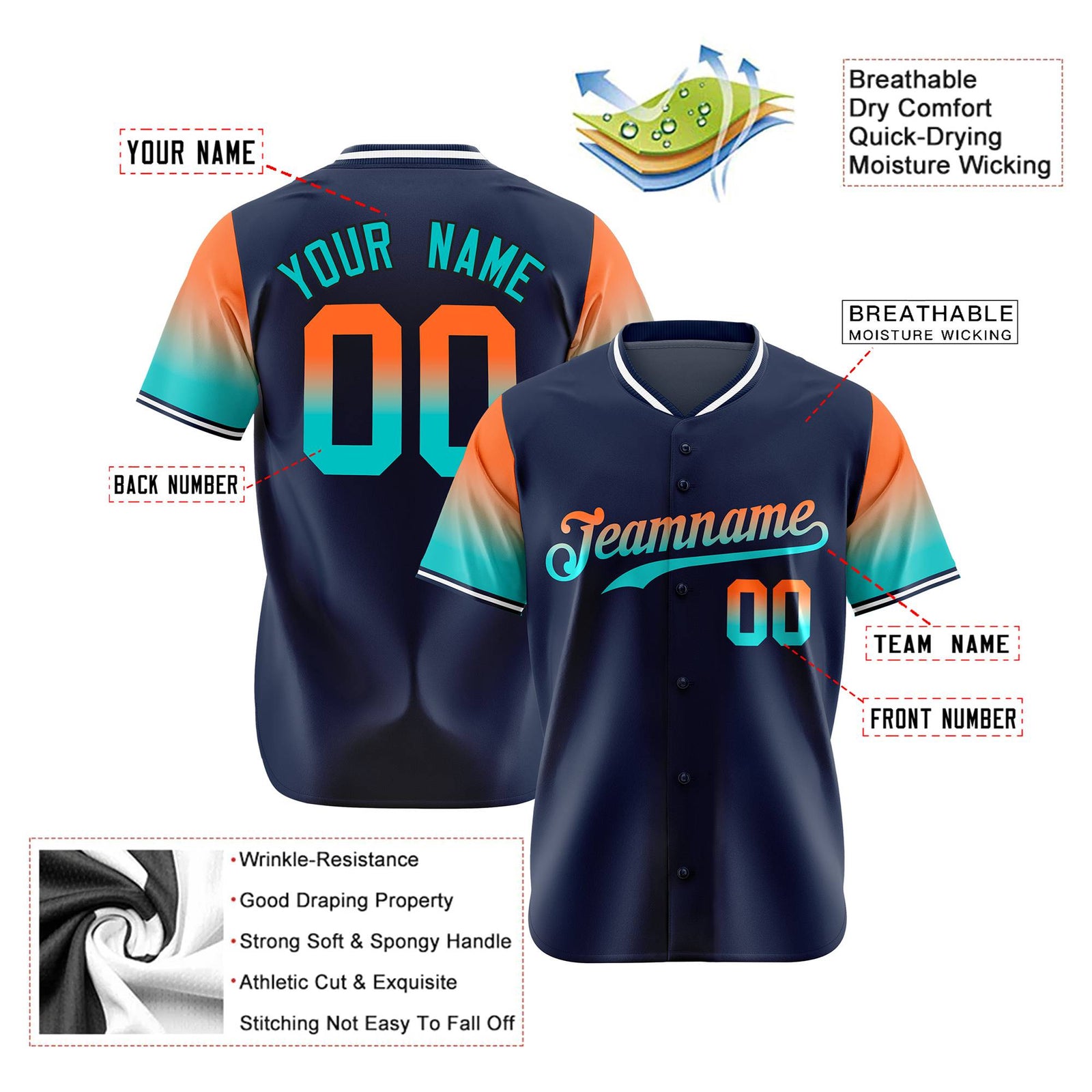 Custom Navy Orange-Aqua Gradient Fashion Authentic Baseball Jersey