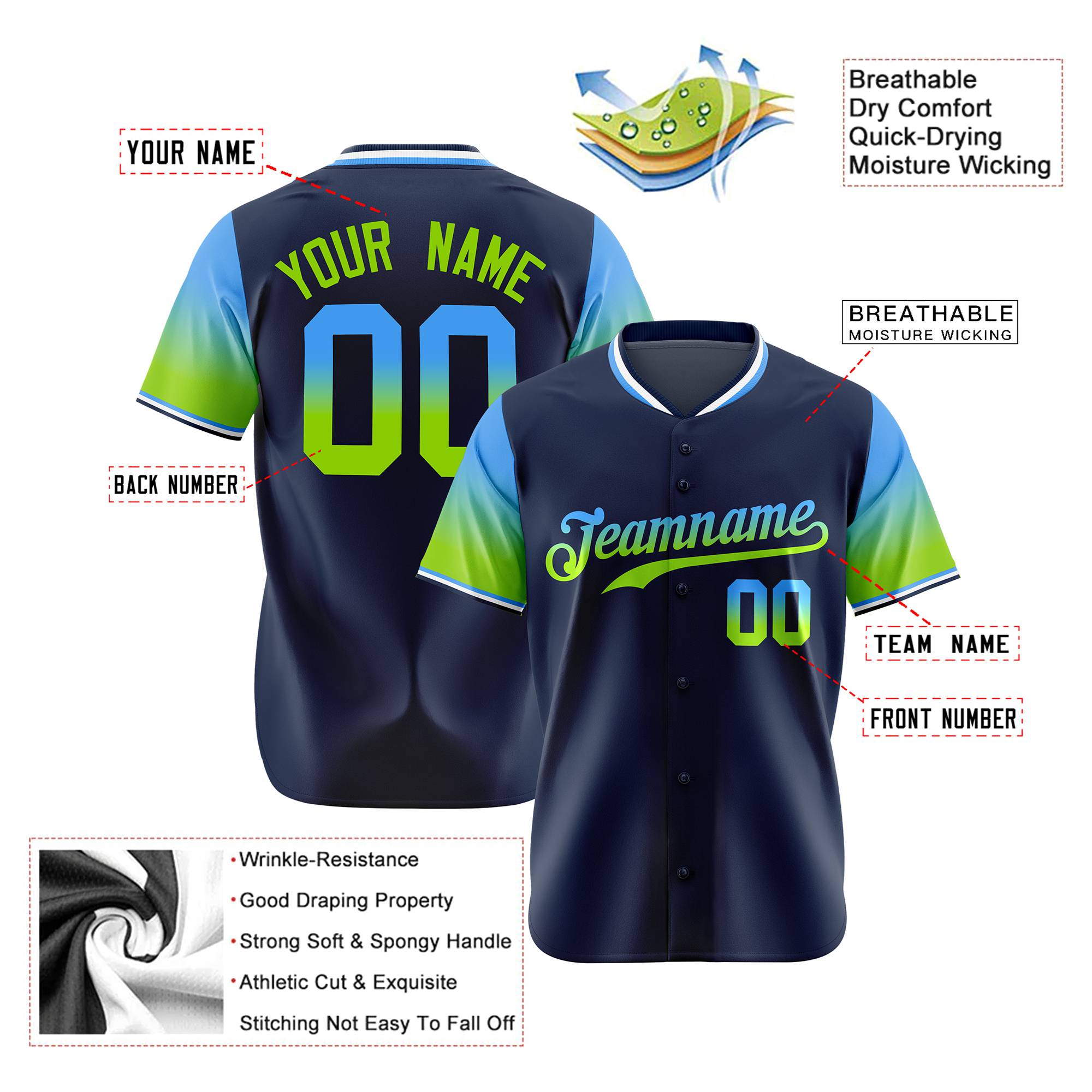 Custom Navy Powder Blue-Neon Green Gradient Fashion Authentic Baseball Jersey