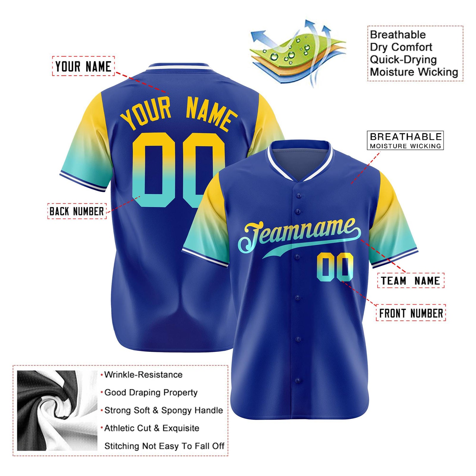 Custom Royal Blue Gold-Aqua Gradient Fashion Authentic Baseball Jersey
