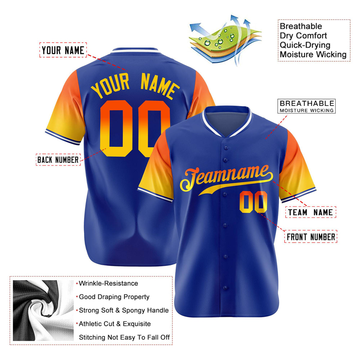 Custom Royal Blue Orange-Yellow Gradient Fashion Authentic Baseball Jersey