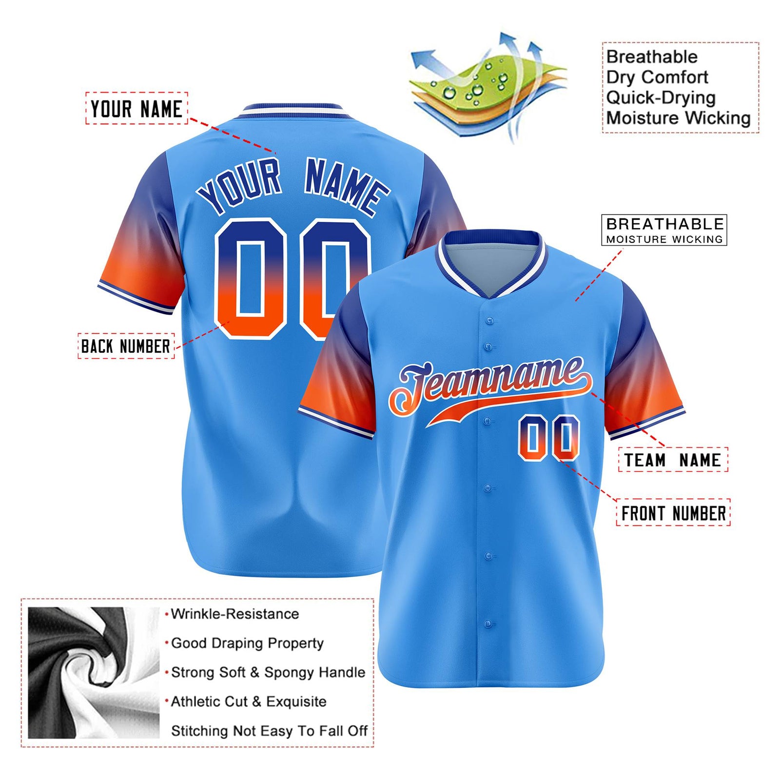 Custom Powder Blue Royal Blue-Orange Gradient Fashion Authentic Baseball Jersey