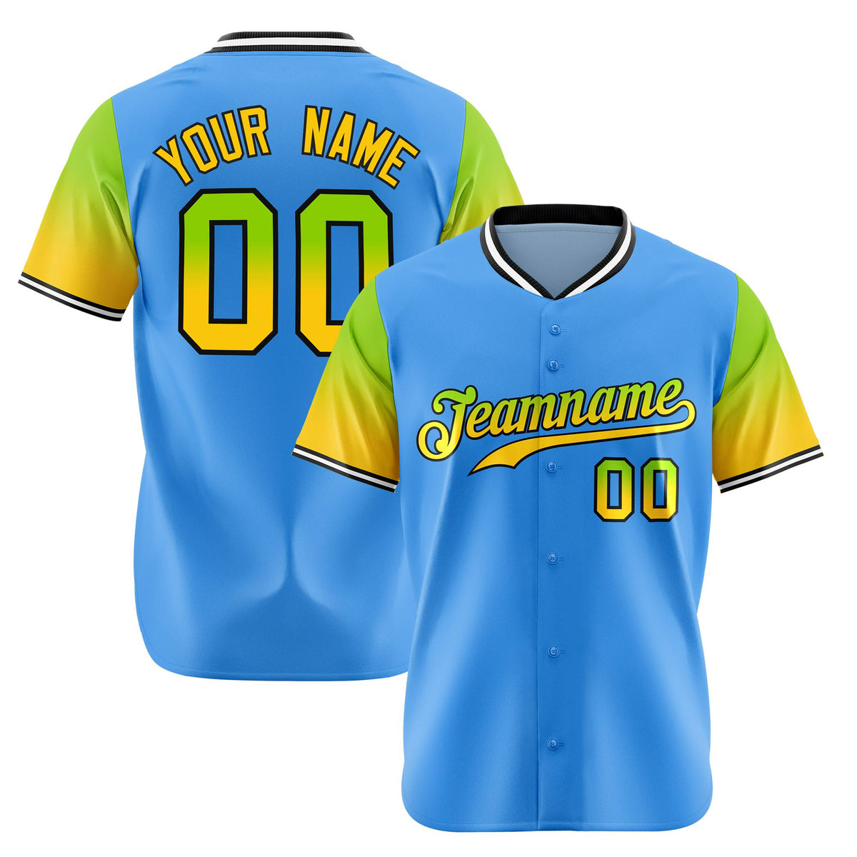 Custom Powder Blue Neon Green-Gold Gradient Fashion Authentic Baseball Jersey