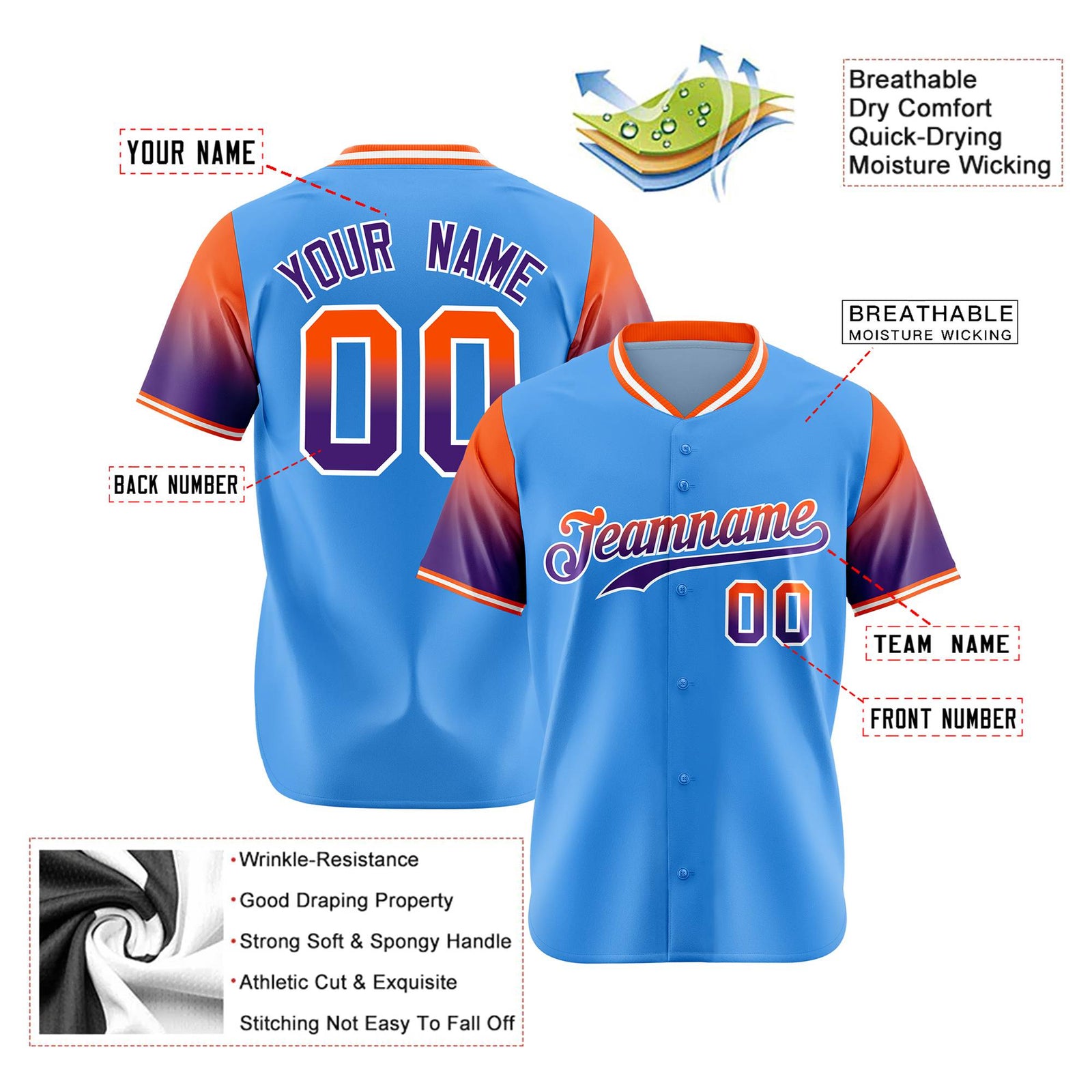 Custom Powder Blue Orange-Purple Gradient Fashion Authentic Baseball Jersey