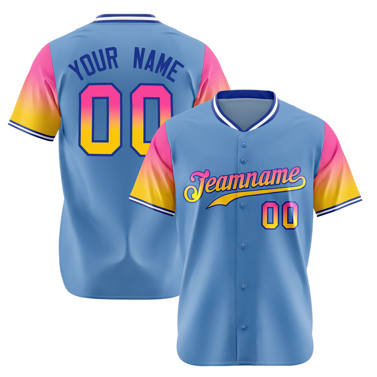 Custom Light Blue Pink-Gold Gradient Fashion Authentic Baseball Jersey