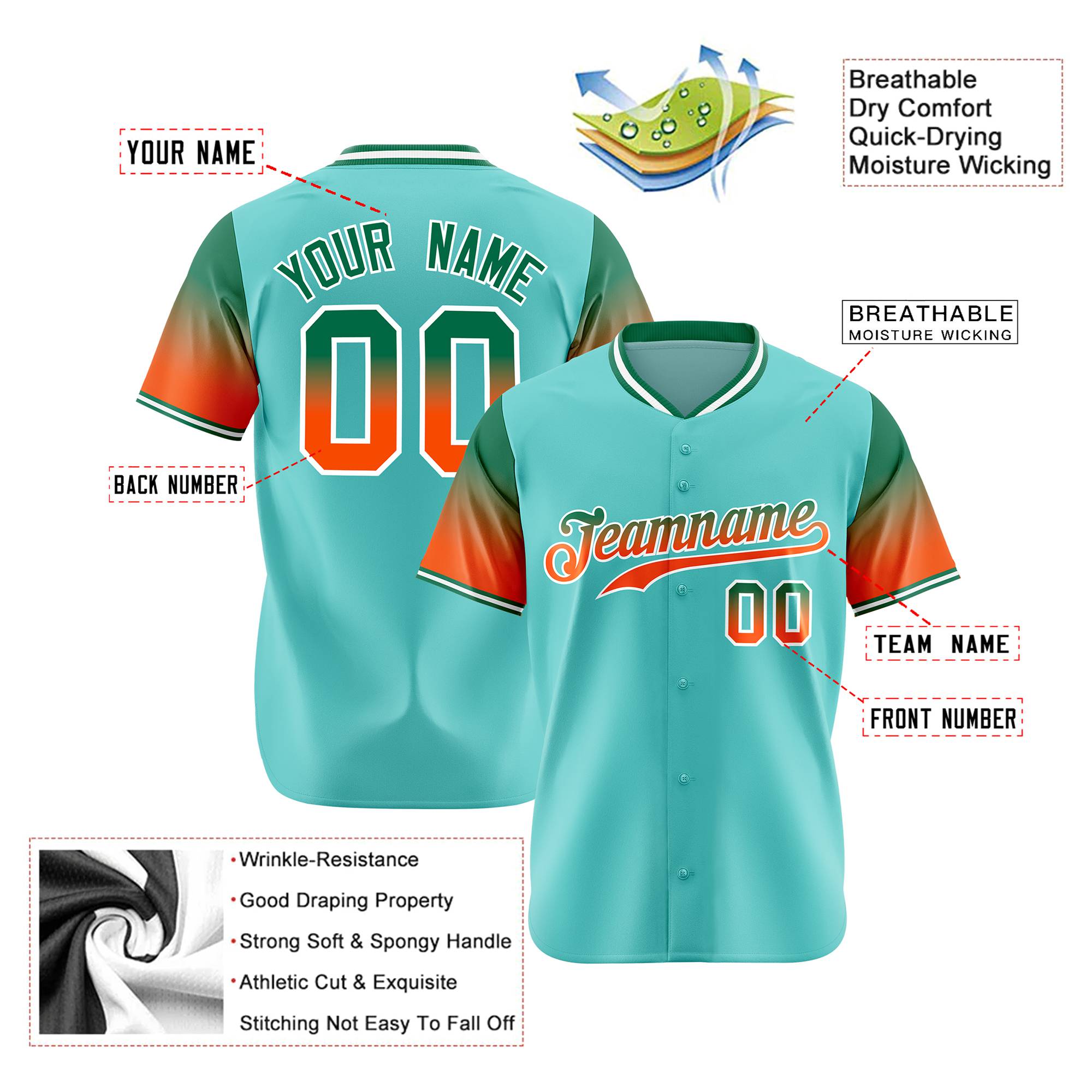 Custom Aqua Green-Orange Gradient Fashion Authentic Baseball Jersey