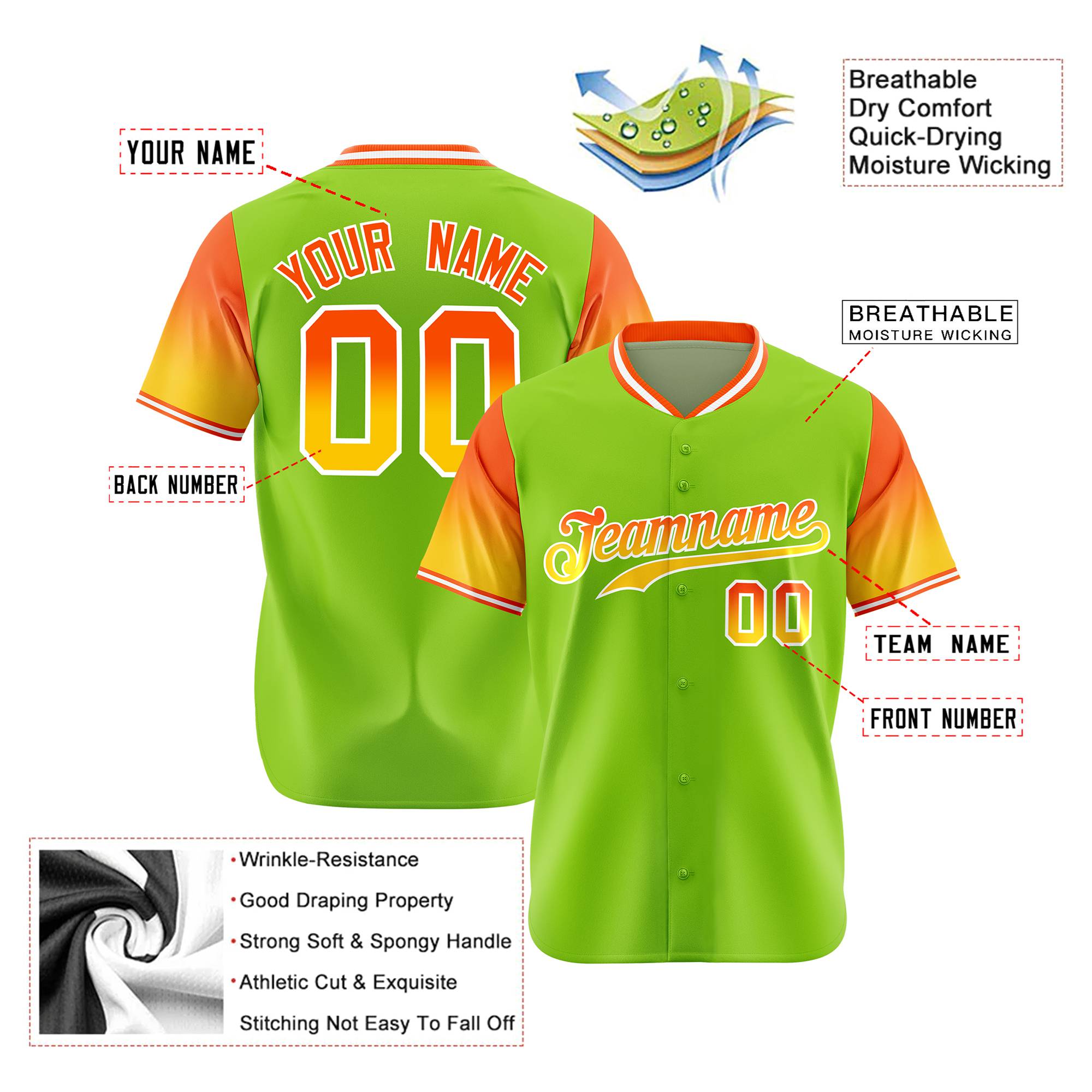 Custom Neon Green Orange-Gold Gradient Fashion Authentic Baseball Jersey