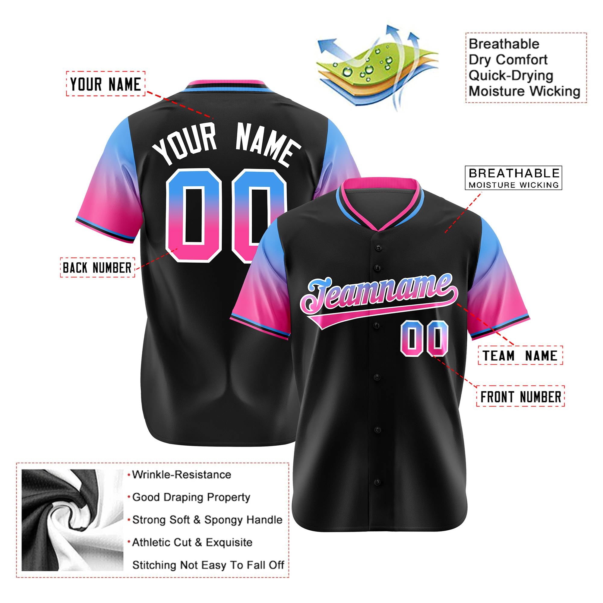 Custom Black Powder Blue-Pink Gradient Fashion Authentic Baseball Jersey