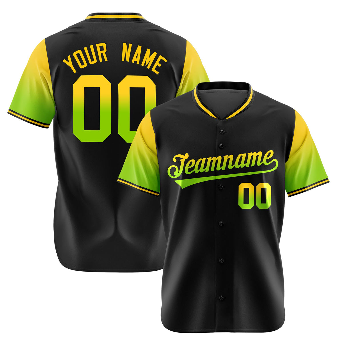Custom Black Gold-Neon Green Gradient Fashion Authentic Baseball Jersey