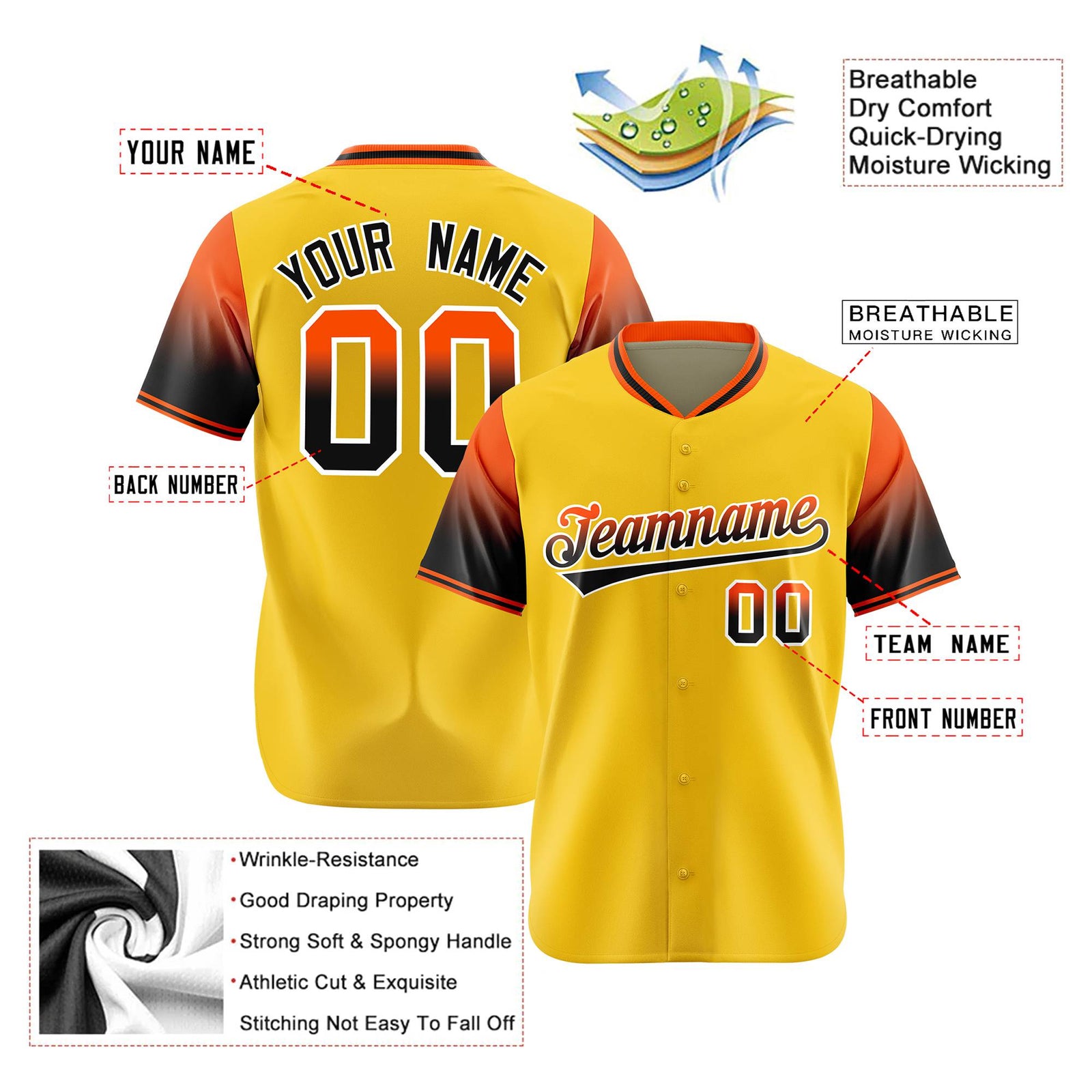 Custom Gold Orange-Black Gradient Fashion Authentic Baseball Jersey
