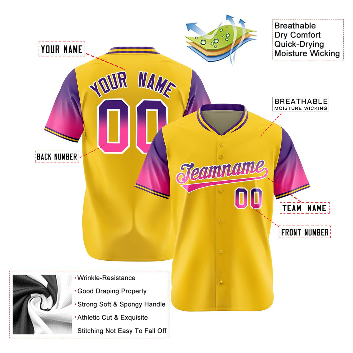Custom Gold Purple-Pink Gradient Fashion Authentic Baseball Jersey
