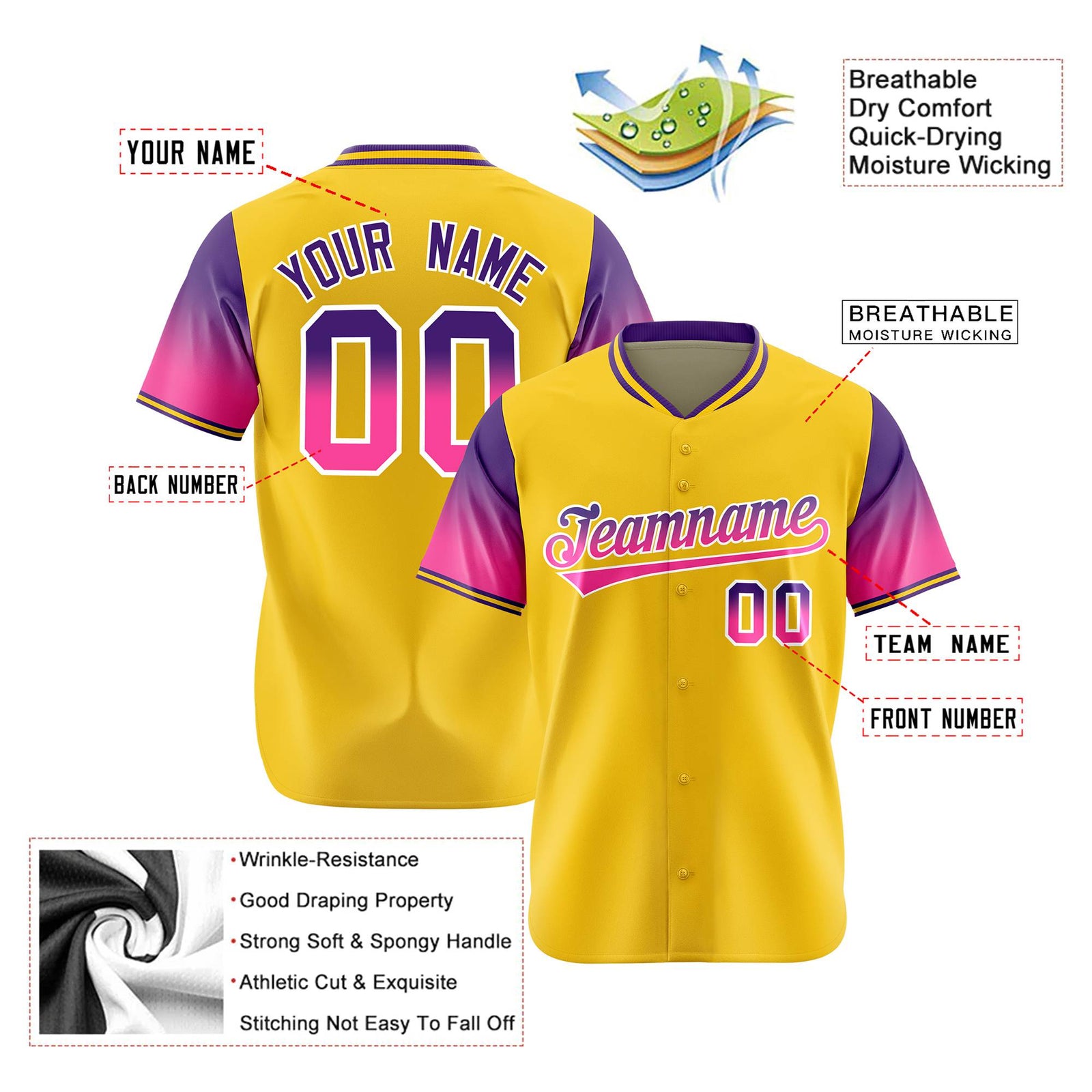 Custom Gold Purple-Pink Gradient Fashion Authentic Baseball Jersey