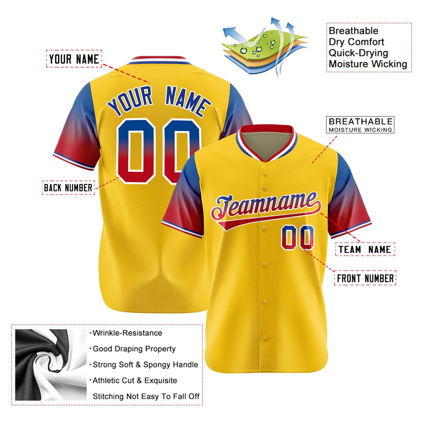 Custom Gold Royal Blue-Crimson Gradient Fashion Authentic Baseball Jersey