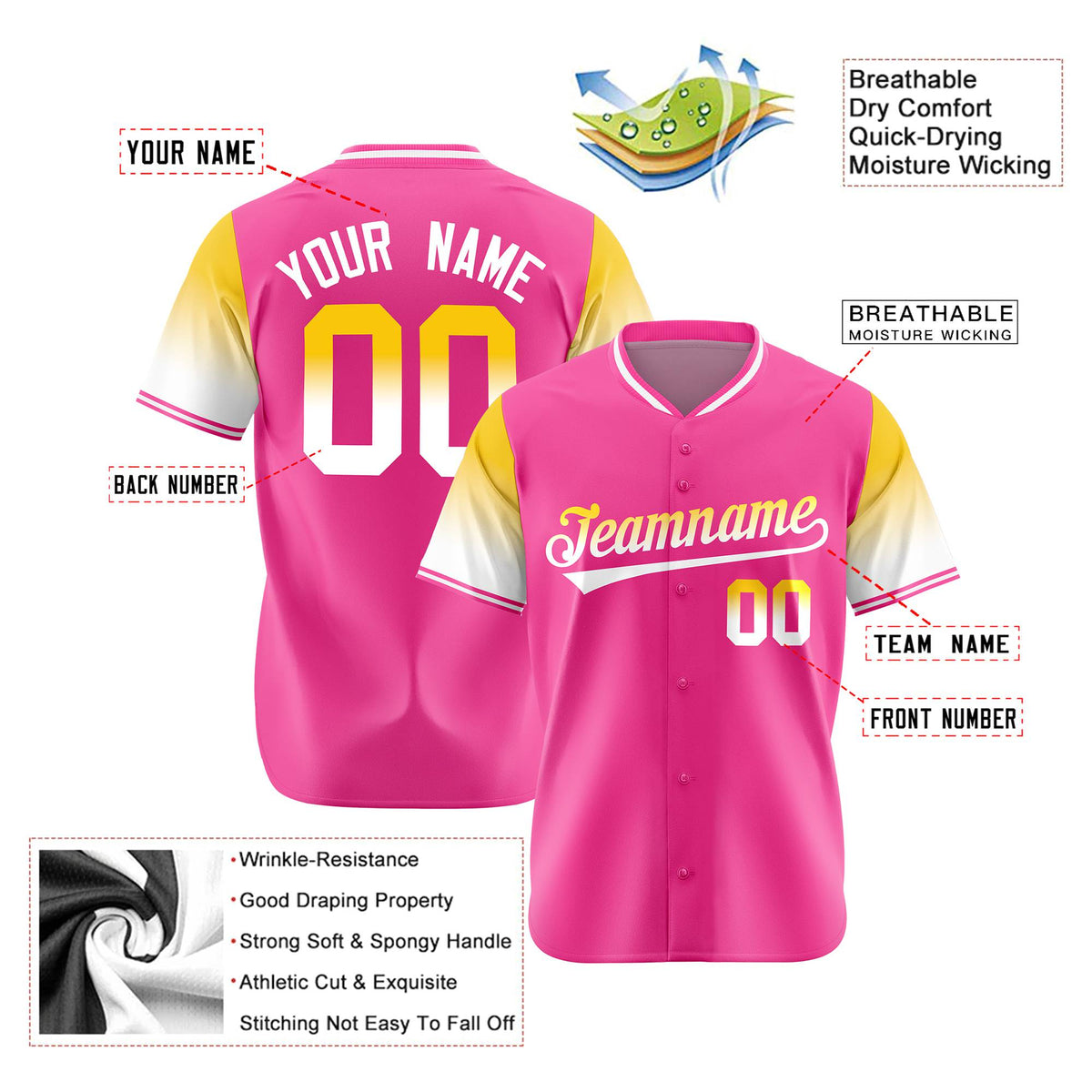 Custom Pink Gold-White Gradient Fashion Authentic Baseball Jersey