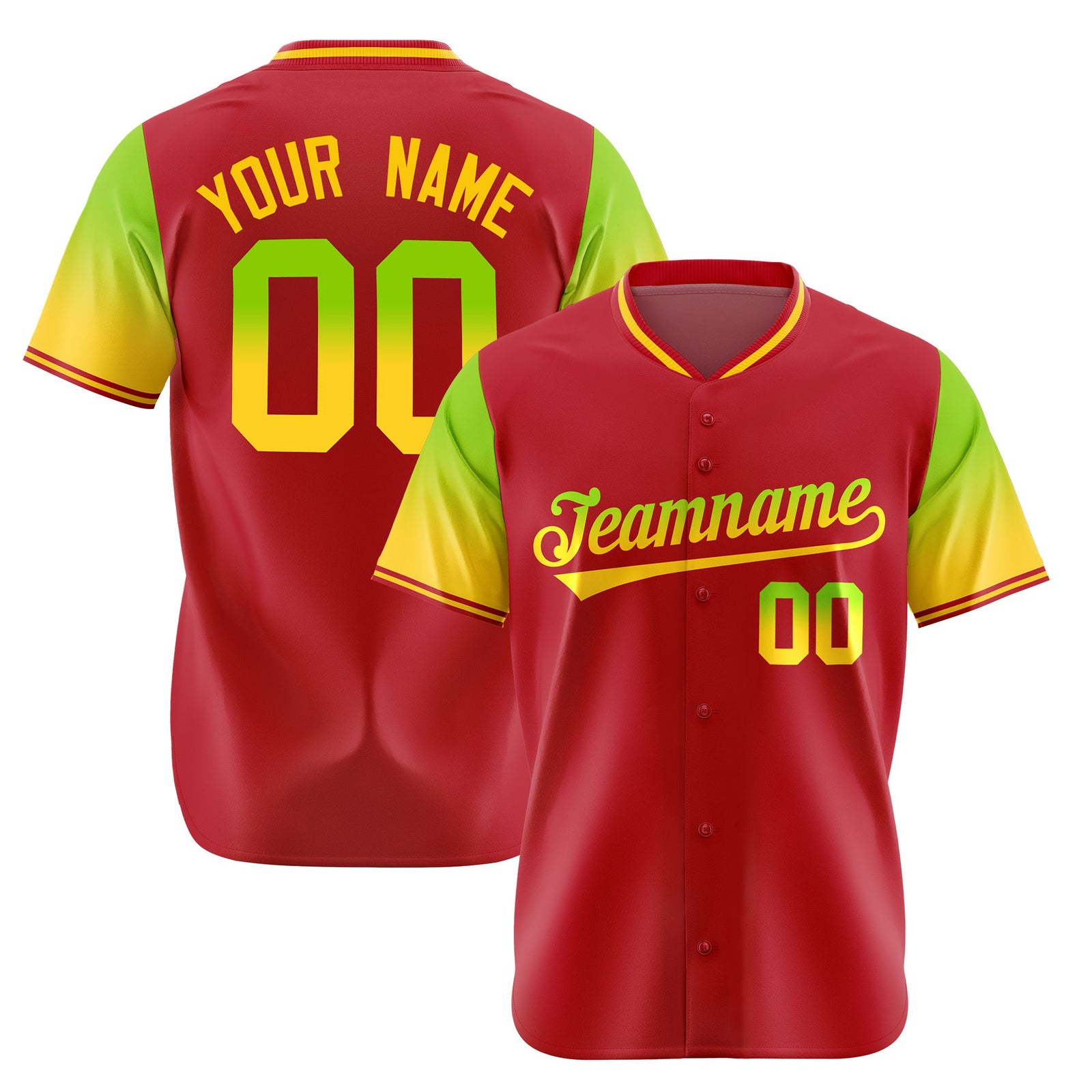 Custom Red Neon Green-Gold Gradient Fashion Authentic Baseball Jersey