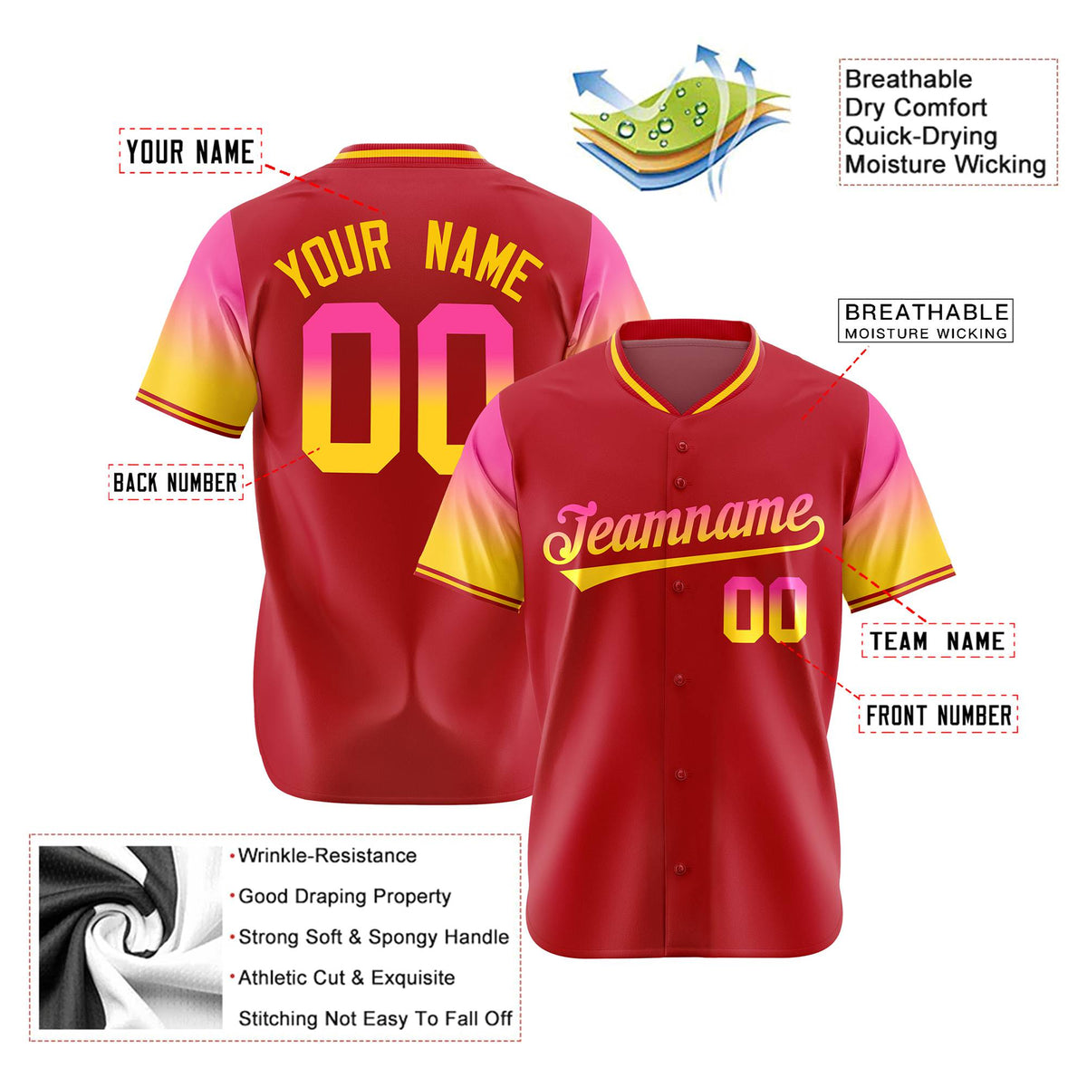 Custom Red Pink-Gold Gradient Fashion Authentic Baseball Jersey