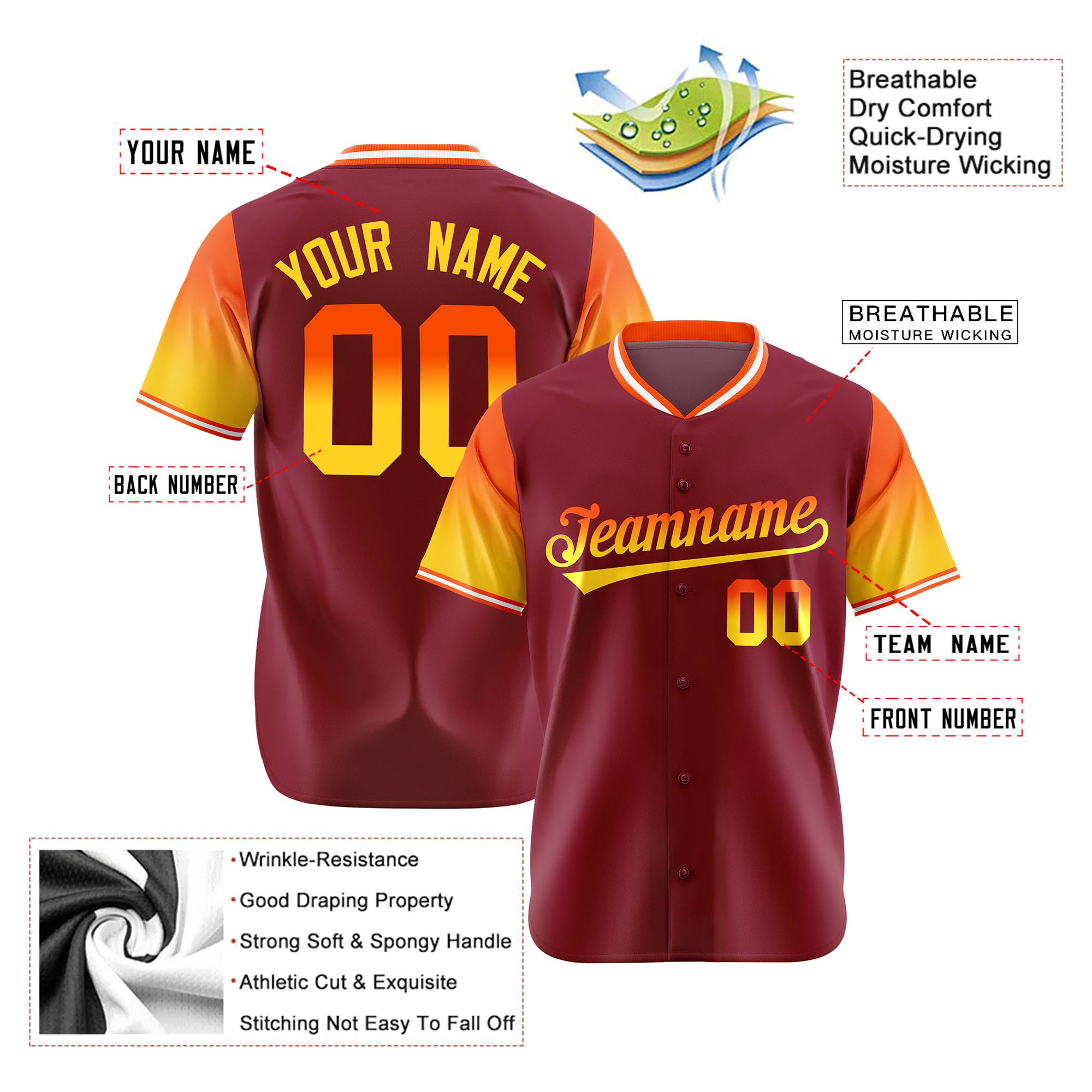 Custom Crimson Orange-Gold Gradient Fashion Authentic Baseball Jersey