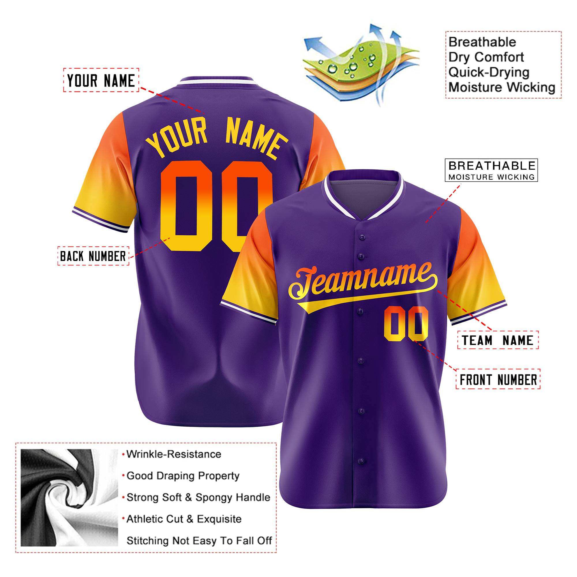 Custom Purple Orange-Gold Gradient Fashion Authentic Baseball Jersey