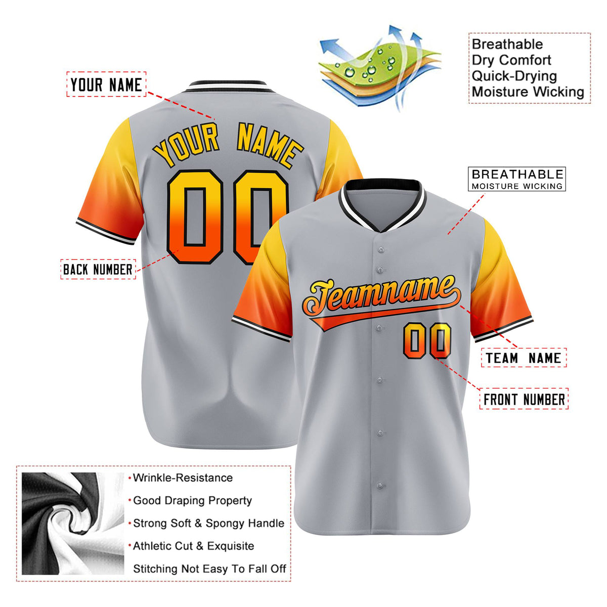 Custom Gray Gold-Orange Gradient Fashion Authentic Baseball Jersey