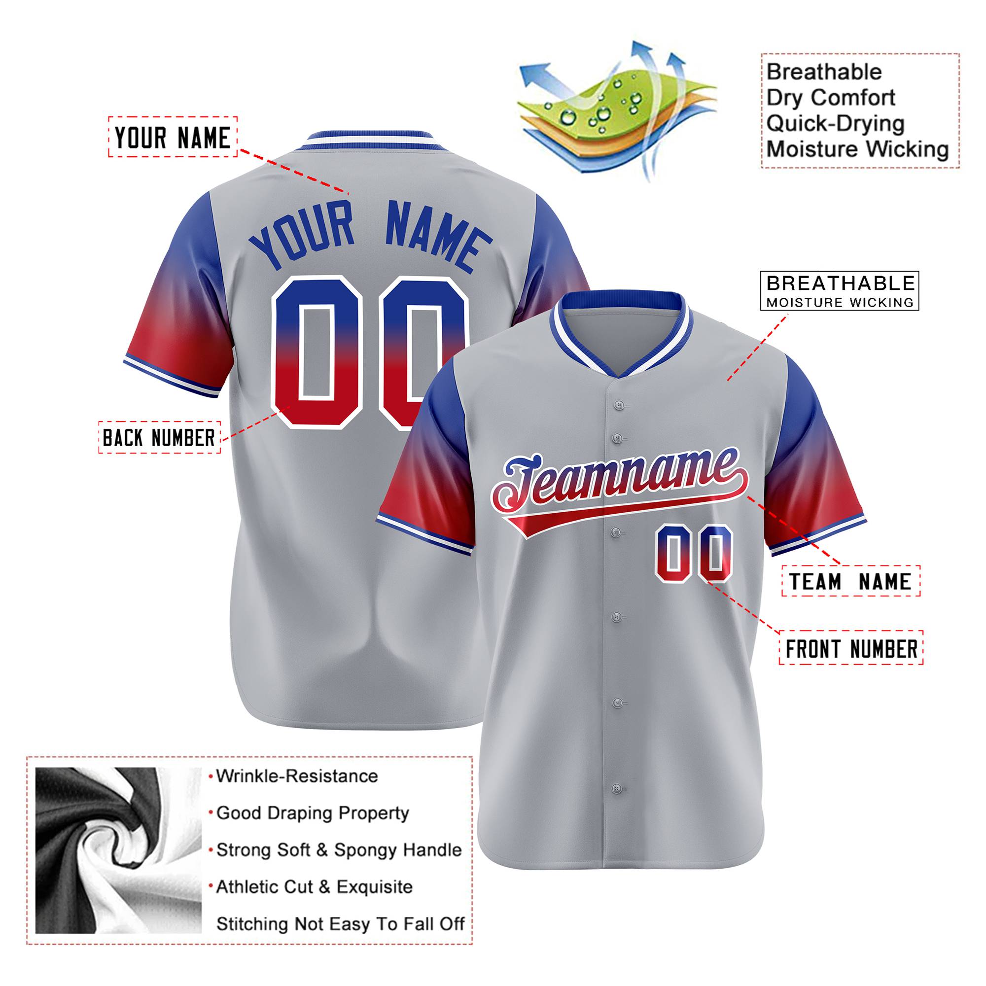 Custom Gray Royal Blue-Red Gradient Fashion Authentic Baseball Jersey