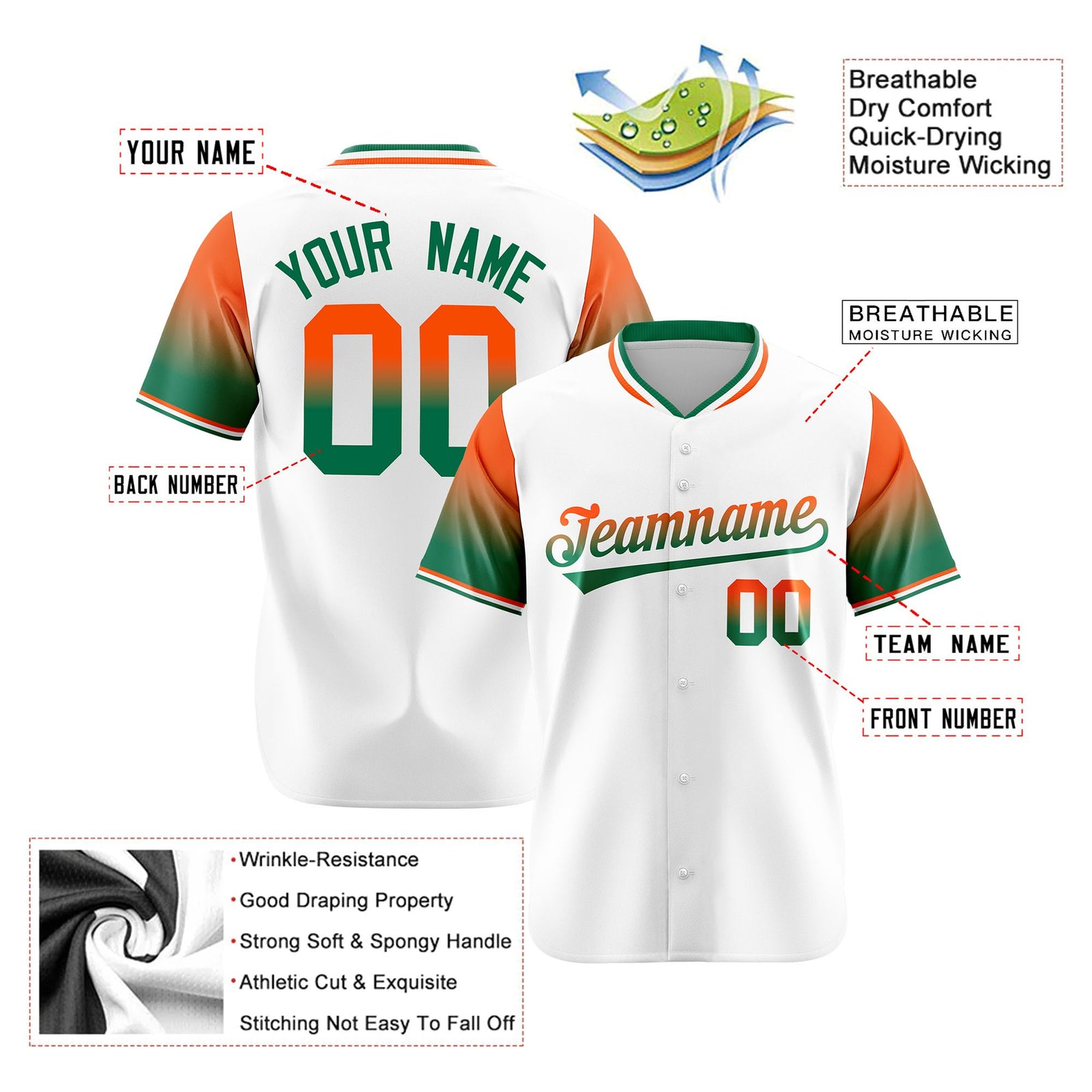 Custom White Orange-Kelly Green Gradient Fashion Authentic Baseball Jersey