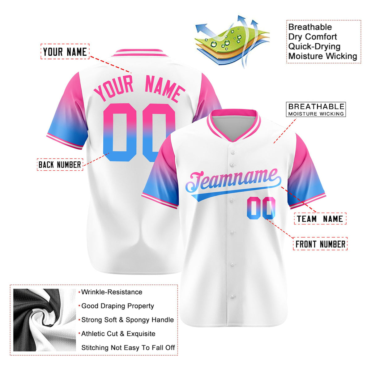 Custom White Pink-Powder Blue Gradient Fashion Authentic Baseball Jersey