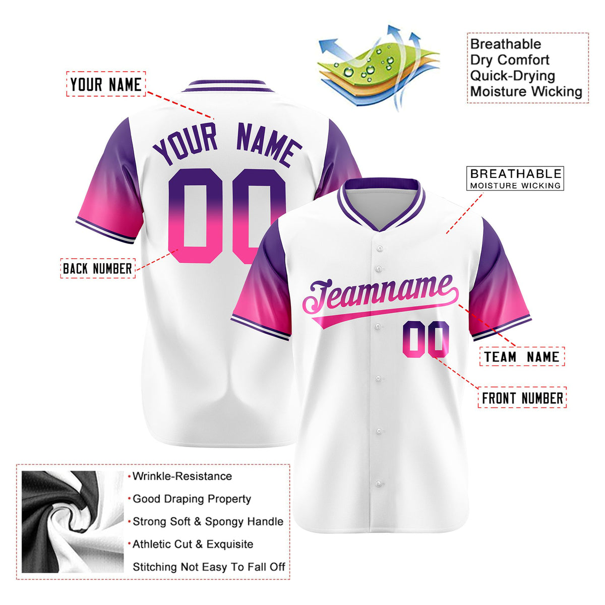 Custom White Purple-Pink Gradient Fashion Authentic Baseball Jersey