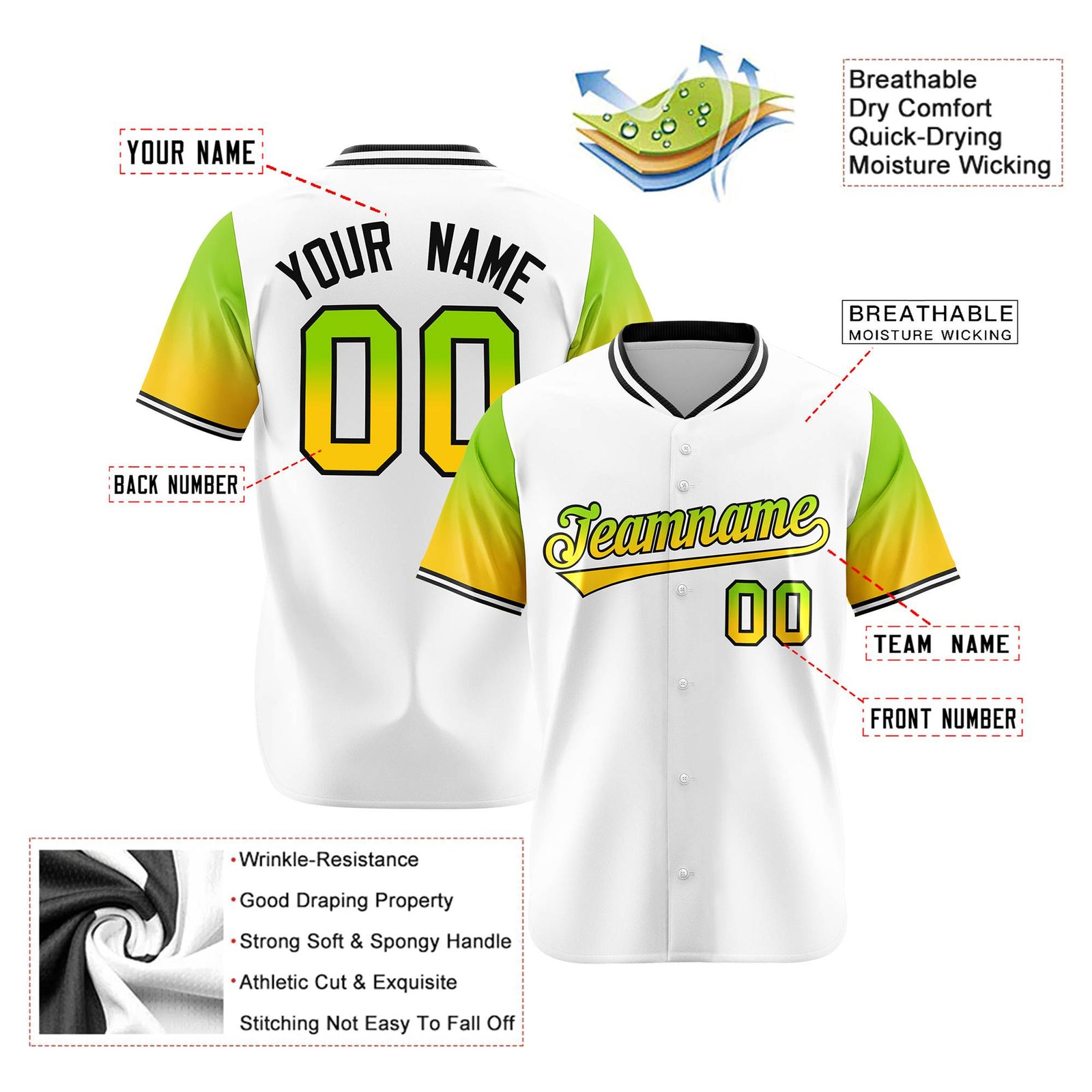 Custom White Neon Green-Gold Gradient Fashion Authentic Baseball Jersey