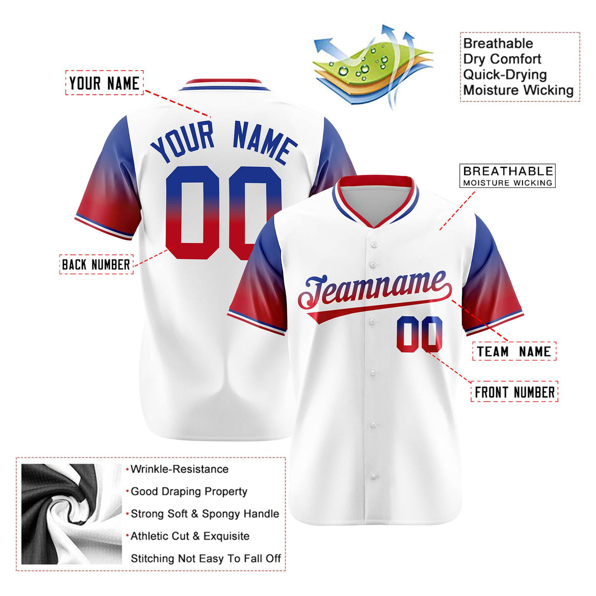 Custom White Royal Blue-Red Gradient Fashion Authentic Baseball Jersey