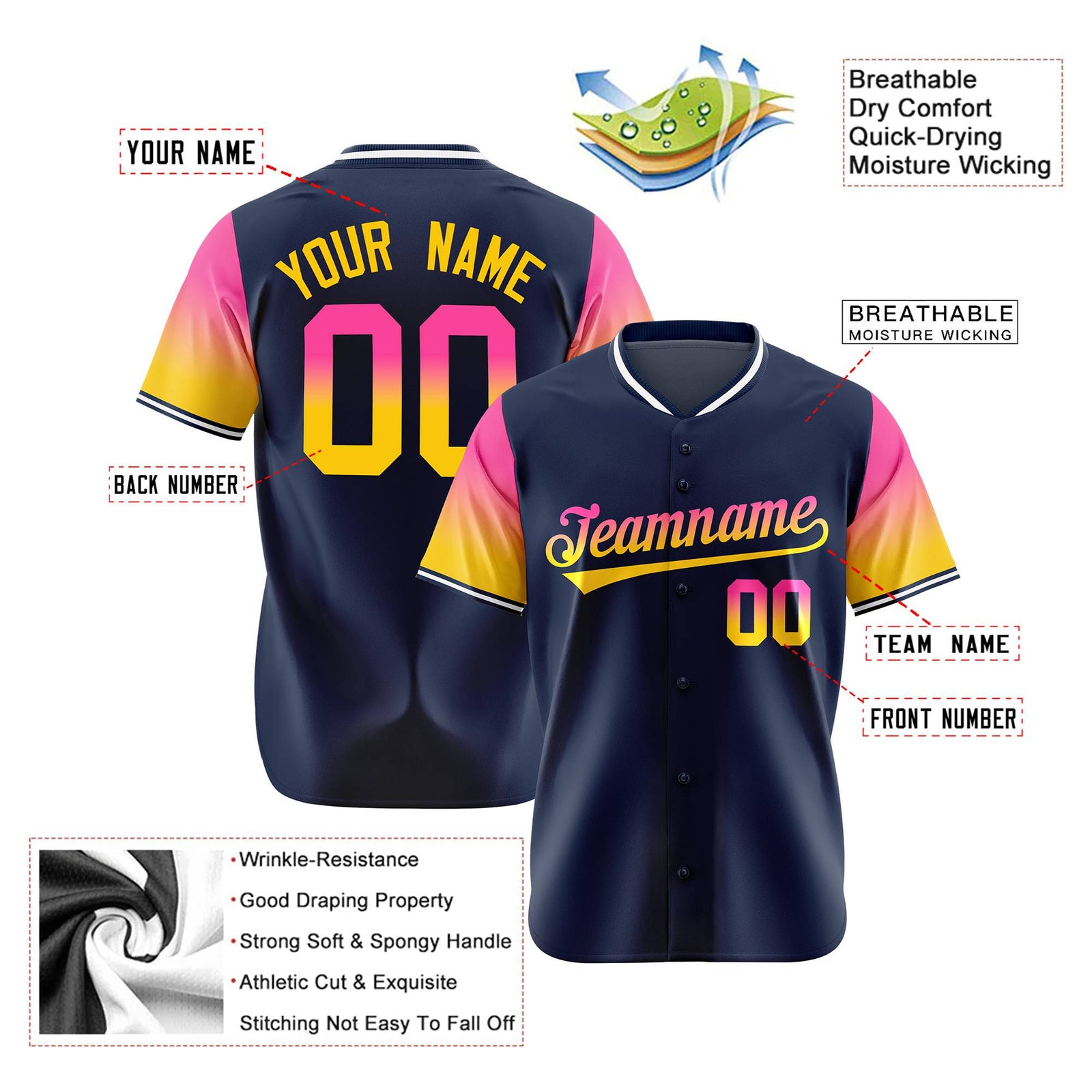 Custom Navy Pink-Gold Gradient Fashion Authentic Baseball Jersey