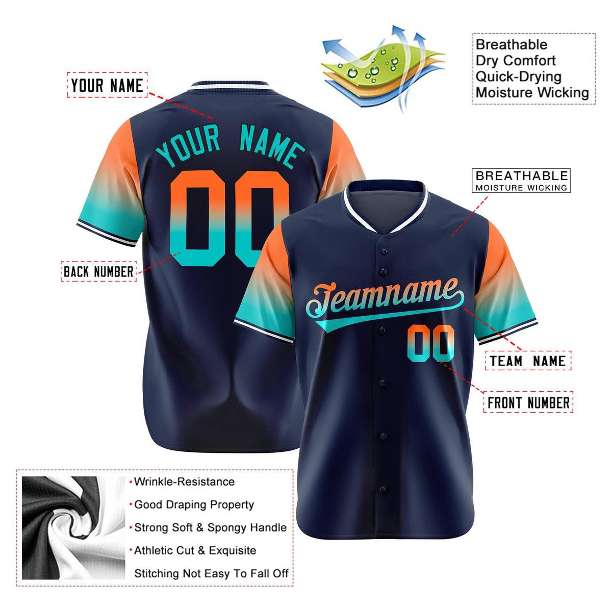 Custom Navy Orange-Aqua Gradient Fashion Authentic Baseball Jersey
