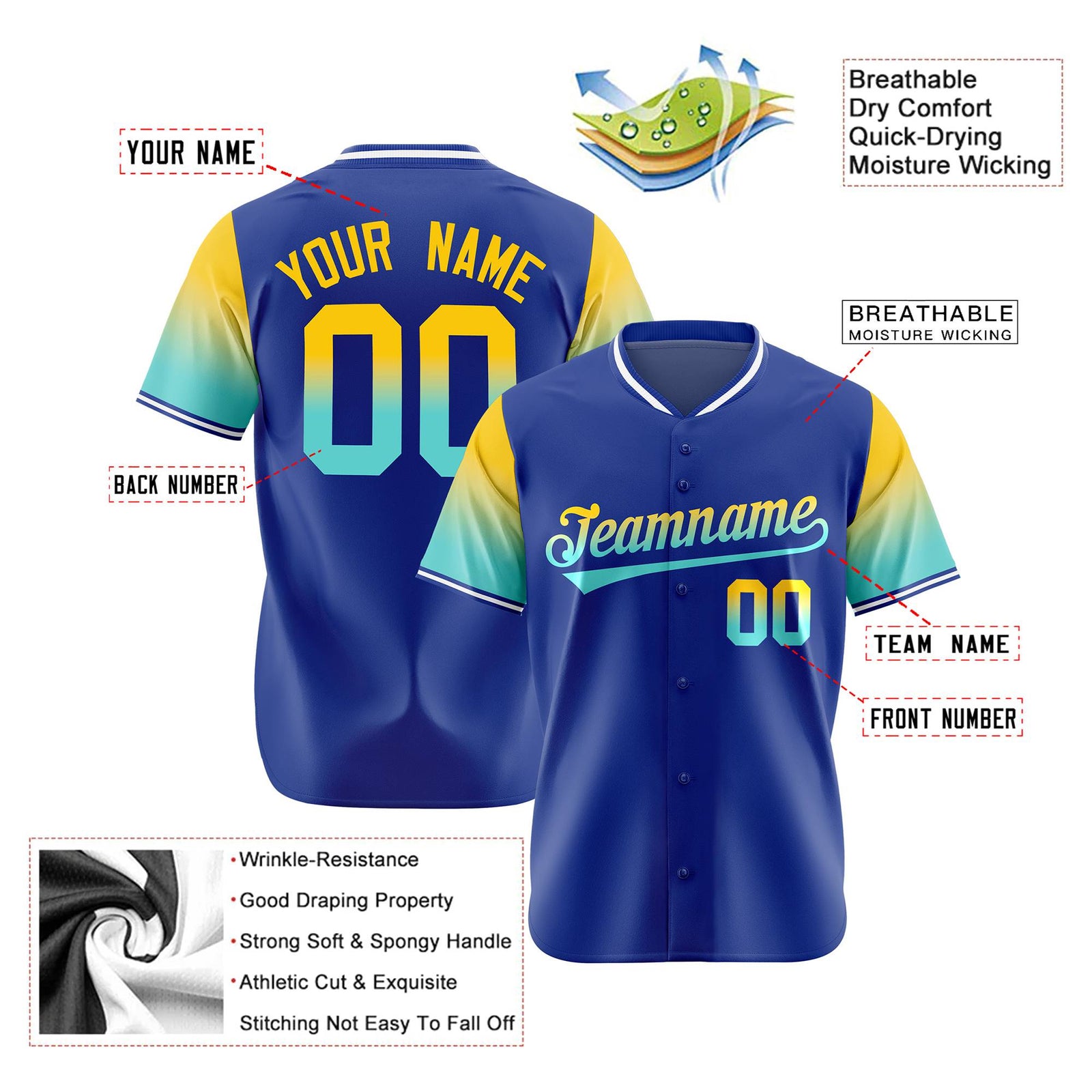 Custom Royal Blue Gold-Aqua Gradient Fashion Authentic Baseball Jersey
