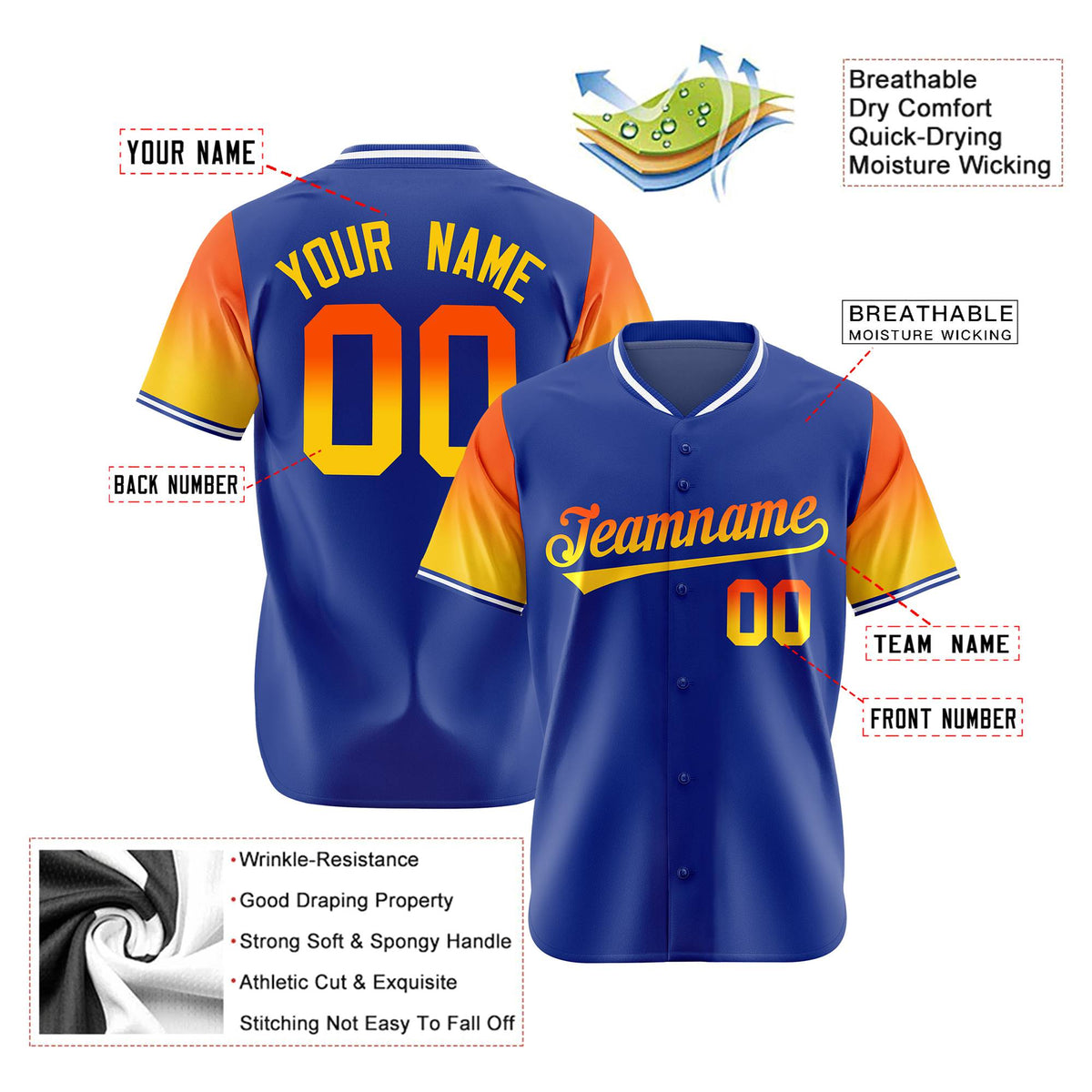 Custom Royal Blue Orange-Yellow Gradient Fashion Authentic Baseball Jersey