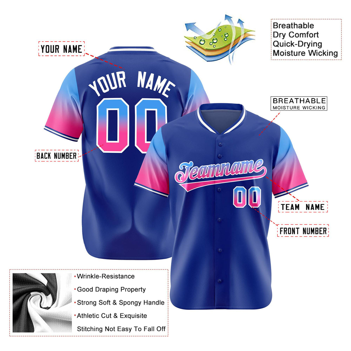 Custom Royal Blue Powder Blue-Pink Gradient Fashion Authentic Baseball Jersey