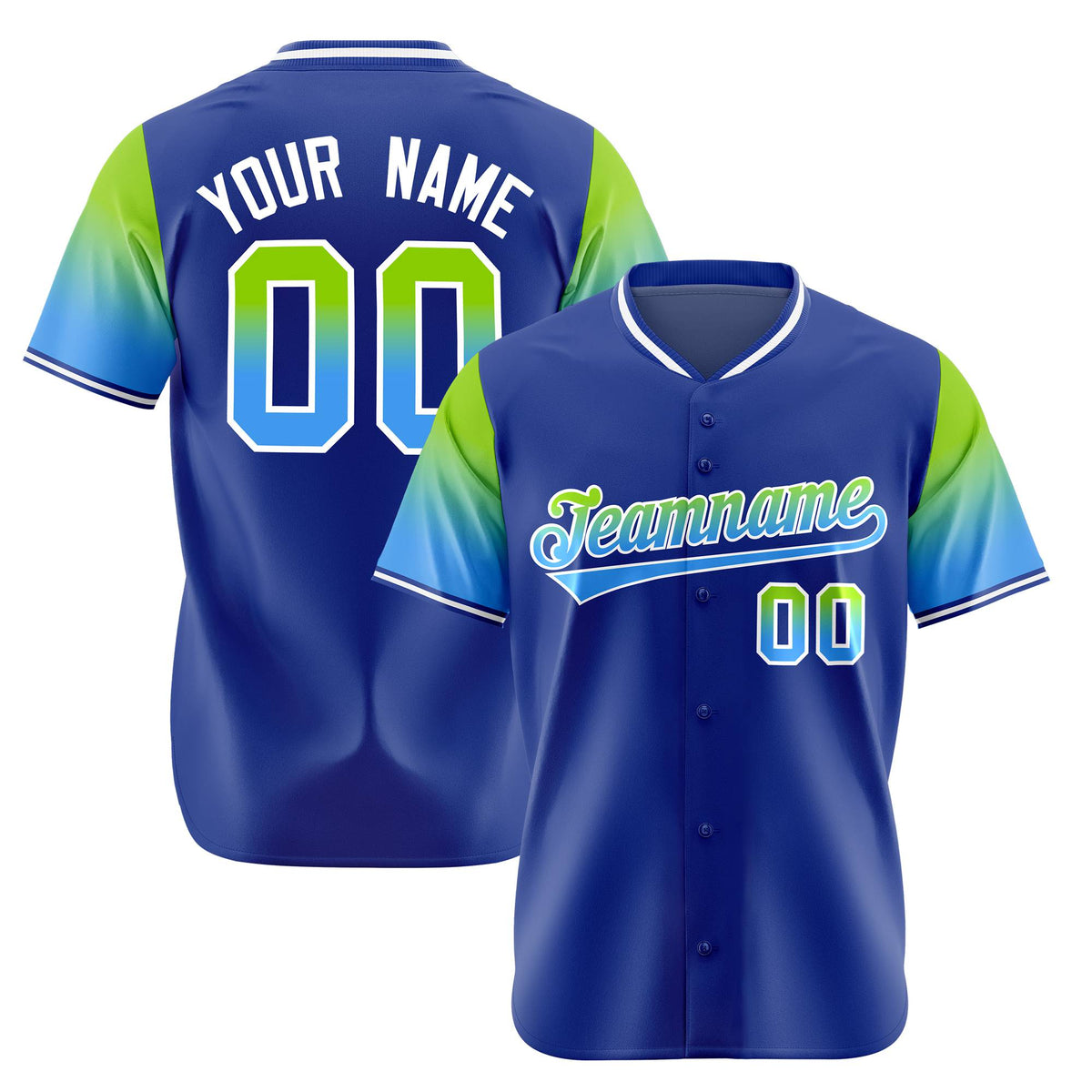 Custom Royal Blue Neon Green-Powder Blue Gradient Fashion Authentic Baseball Jersey