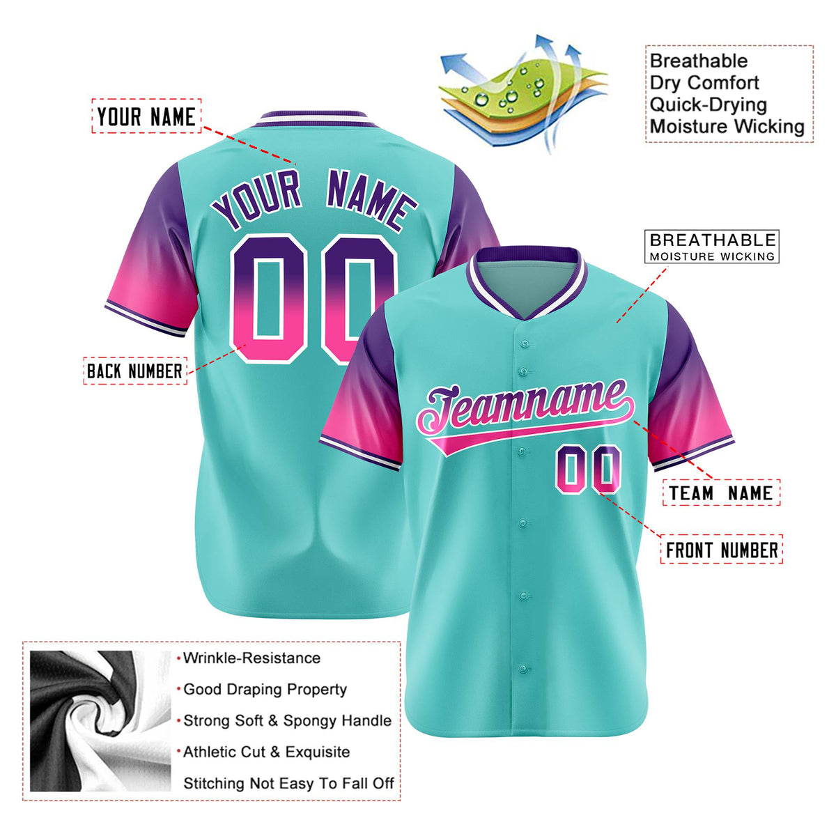 Custom Aqua Purple-Pink Gradient Fashion Authentic Baseball Jersey