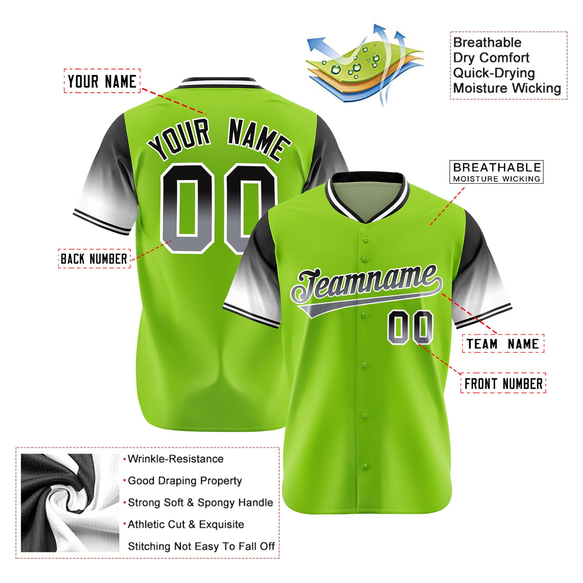 Custom Neon Green Dark Gray-Gray Gradient Fashion Authentic Baseball Jersey