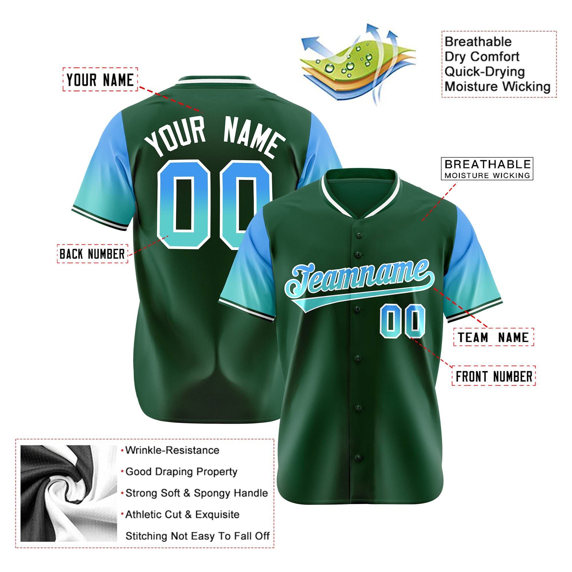 Custom Green Powder Blue-Aqua Gradient Fashion Authentic Baseball Jersey