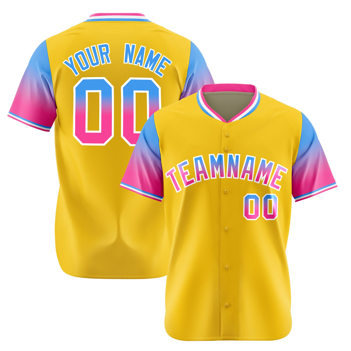Custom Gold Powder Blue-Pink Gradient Fashion Authentic Baseball Jersey