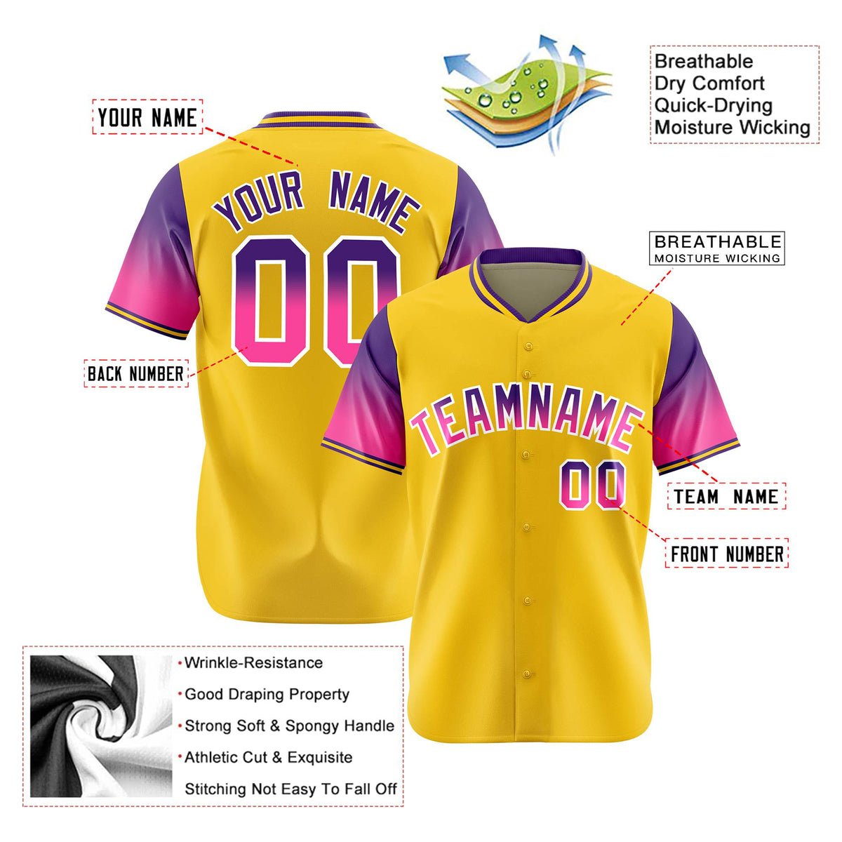 Custom Gold Purple-Pink Gradient Fashion Authentic Baseball Jersey