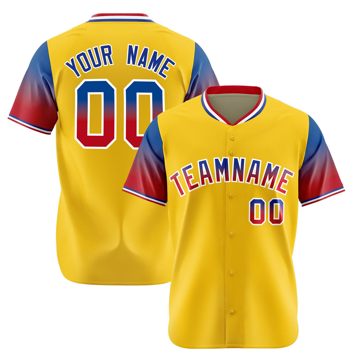 Custom Gold Royal Blue-Crimson Gradient Fashion Authentic Baseball Jersey