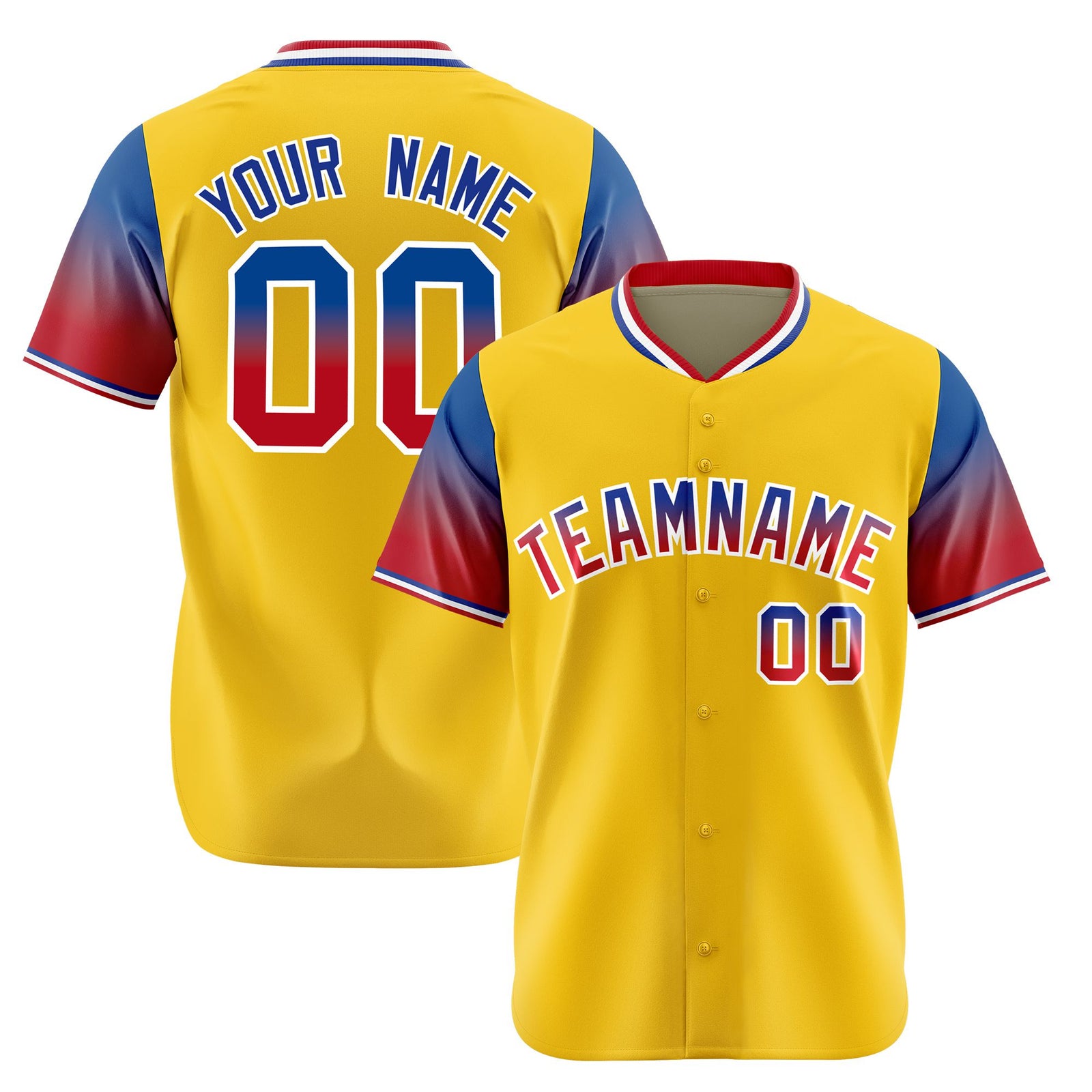 Custom Gold Royal Blue-Crimson Gradient Fashion Authentic Baseball Jersey