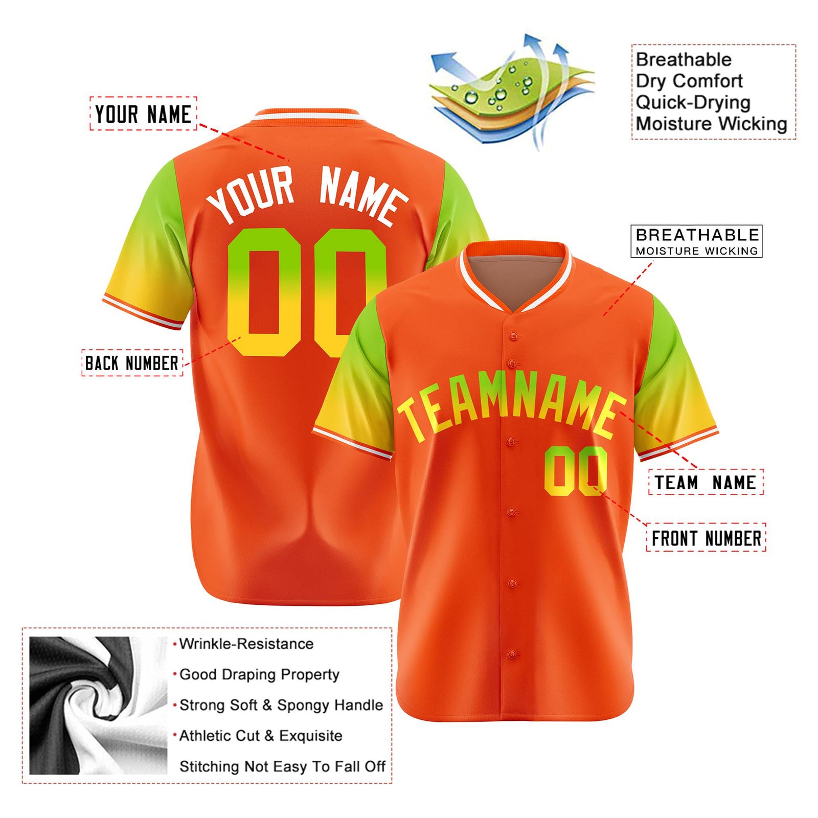Custom Orange Neon Green-Gold Gradient Fashion Authentic Baseball Jersey