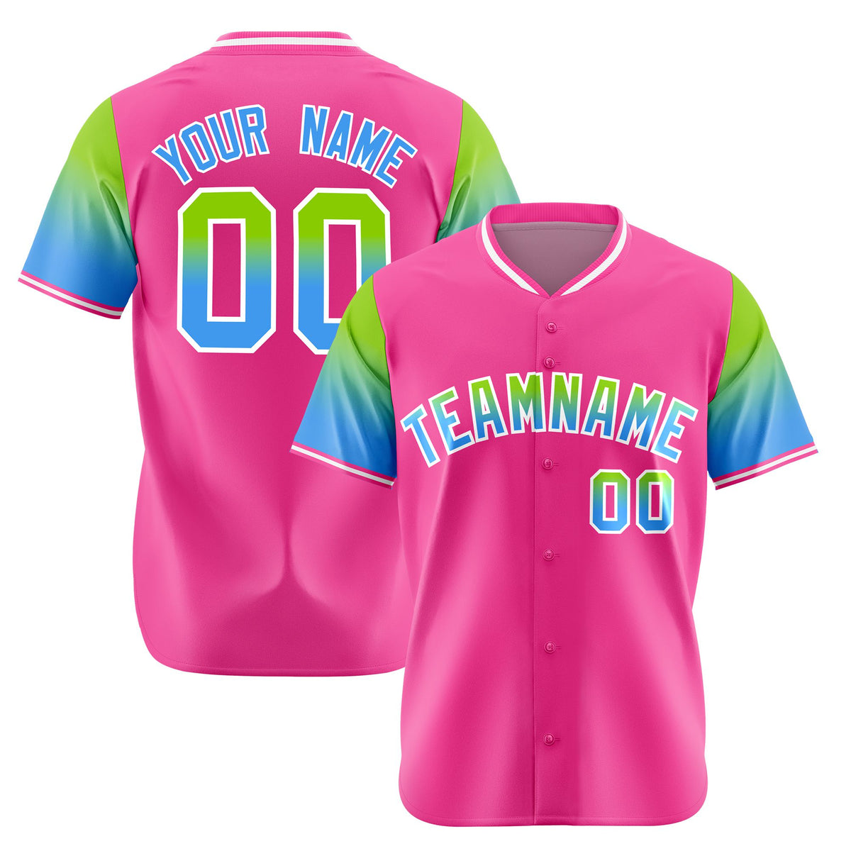 Custom Pink Neon Green-Powder Blue Gradient Fashion Authentic Baseball Jersey