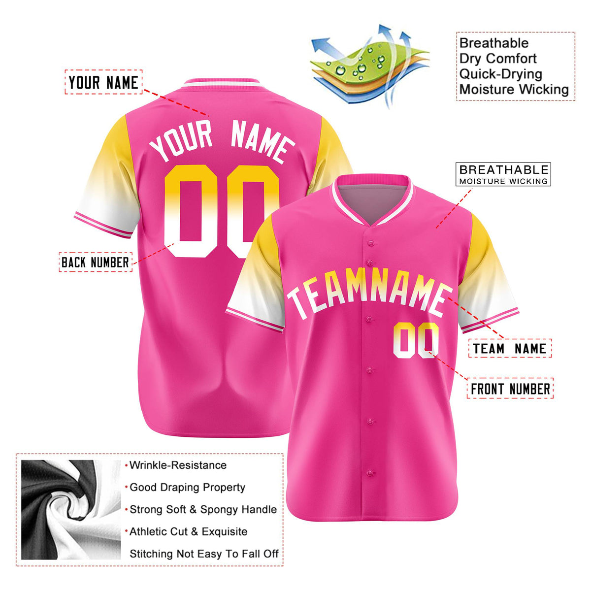 Custom Pink Gold-White Gradient Fashion Authentic Baseball Jersey
