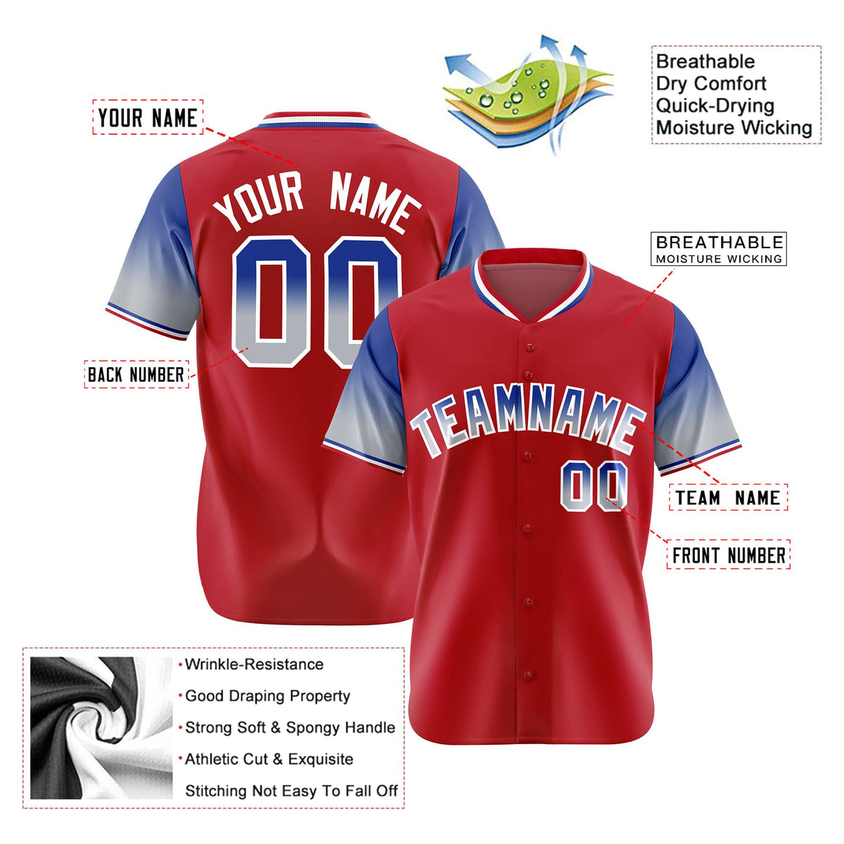 Custom Red Royal Blue-Gray Gradient Fashion Authentic Baseball Jersey