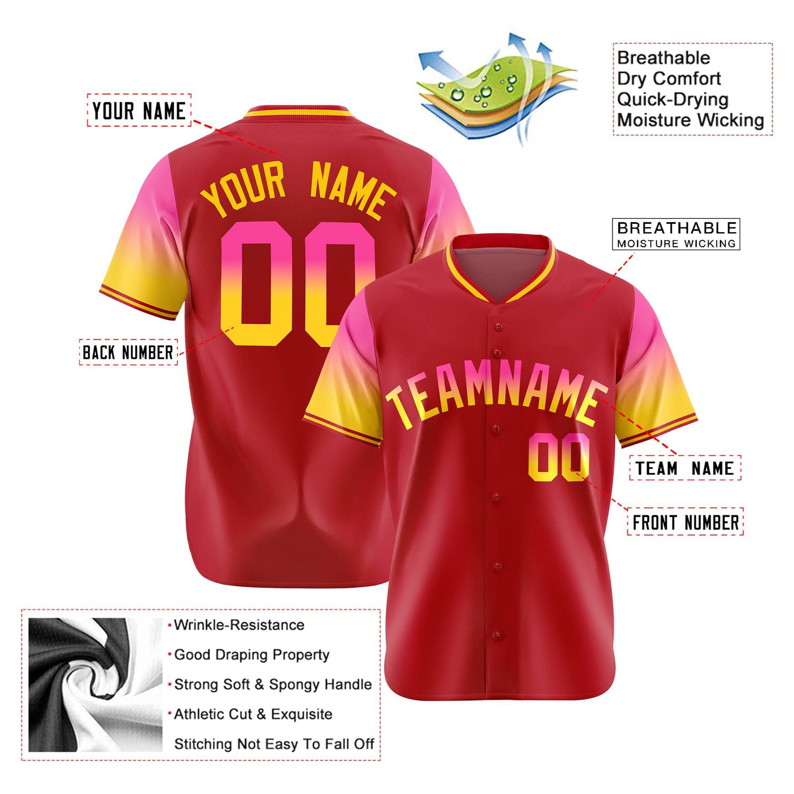 Custom Red Pink-Gold Gradient Fashion Authentic Baseball Jersey