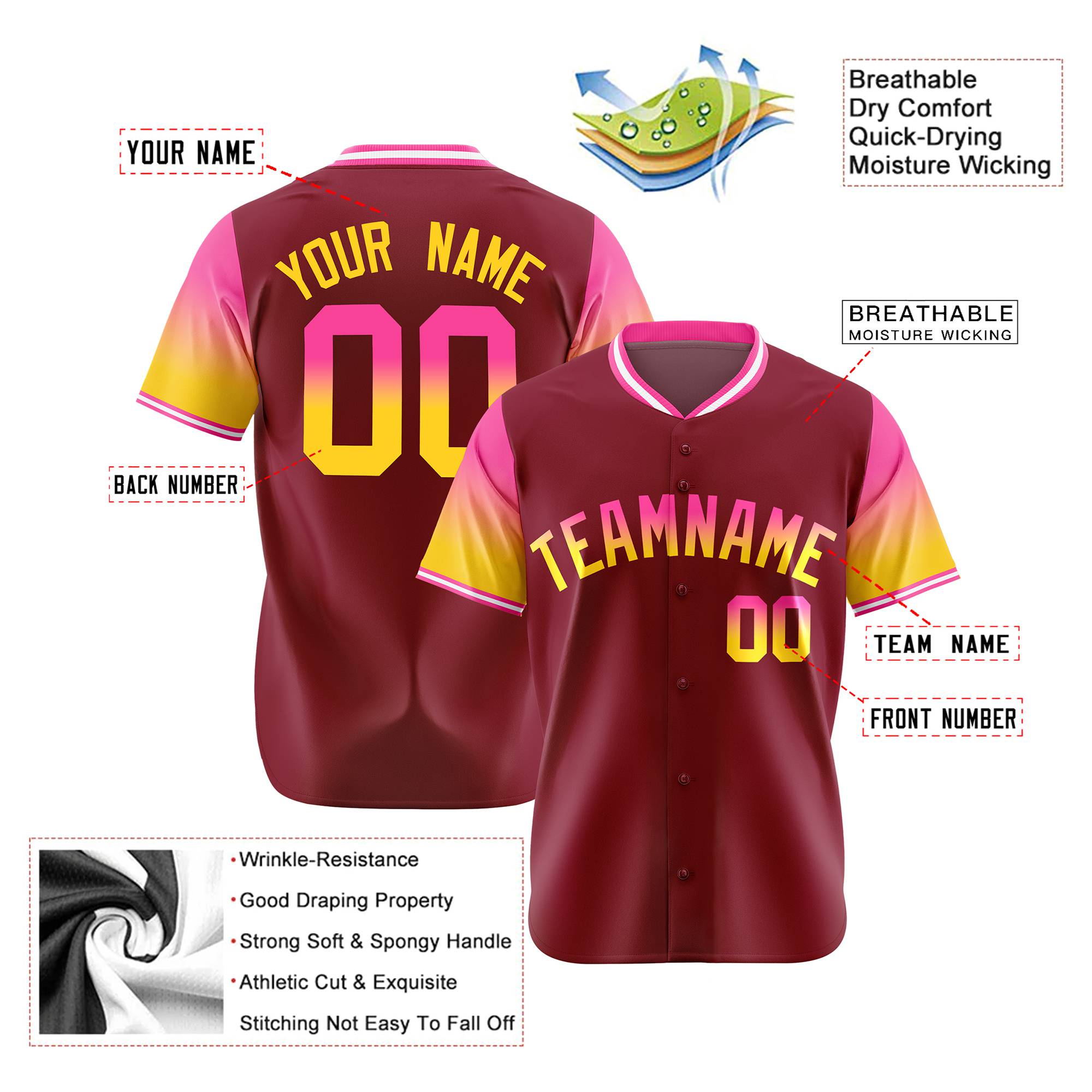 Custom Crimson Pink-Gold Gradient Fashion Authentic Baseball Jersey