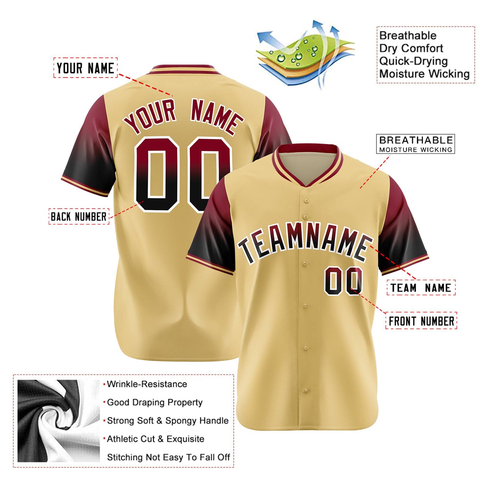 Custom Khaki Crimson-Black Gradient Fashion Authentic Baseball Jersey