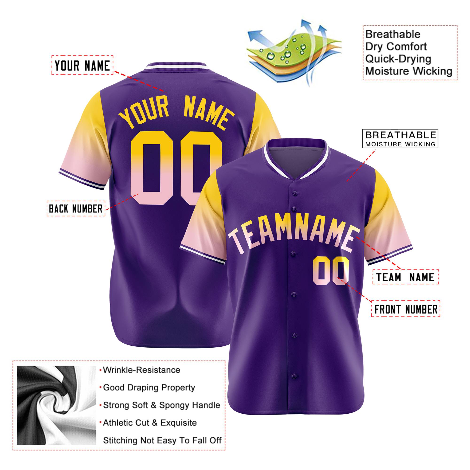 Custom Purple Gold-Light Pink Gradient Fashion Authentic Baseball Jersey